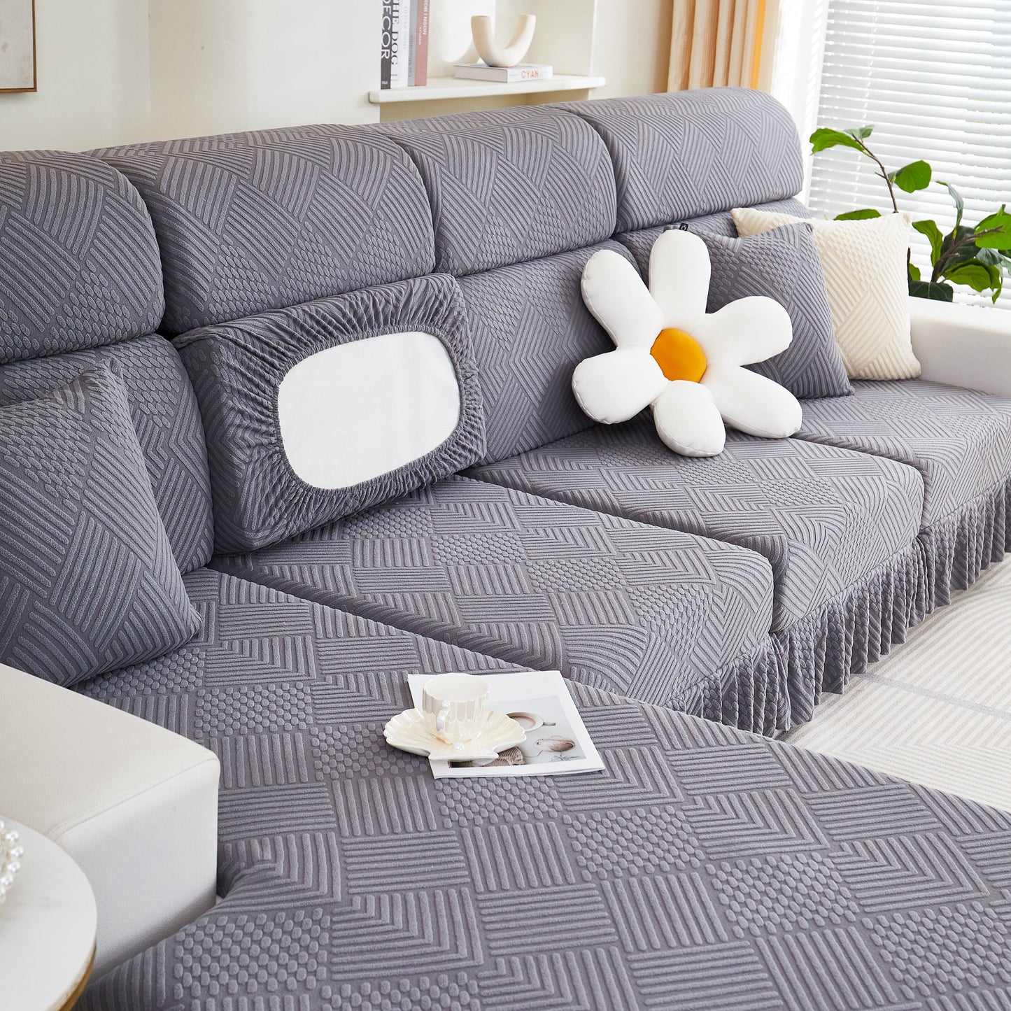 Stretch Sofa Covers for Couch Seats and Cushions, Suitable for 1/2/3/4/L Seater Sofas and Couches with stylish skirt detail.