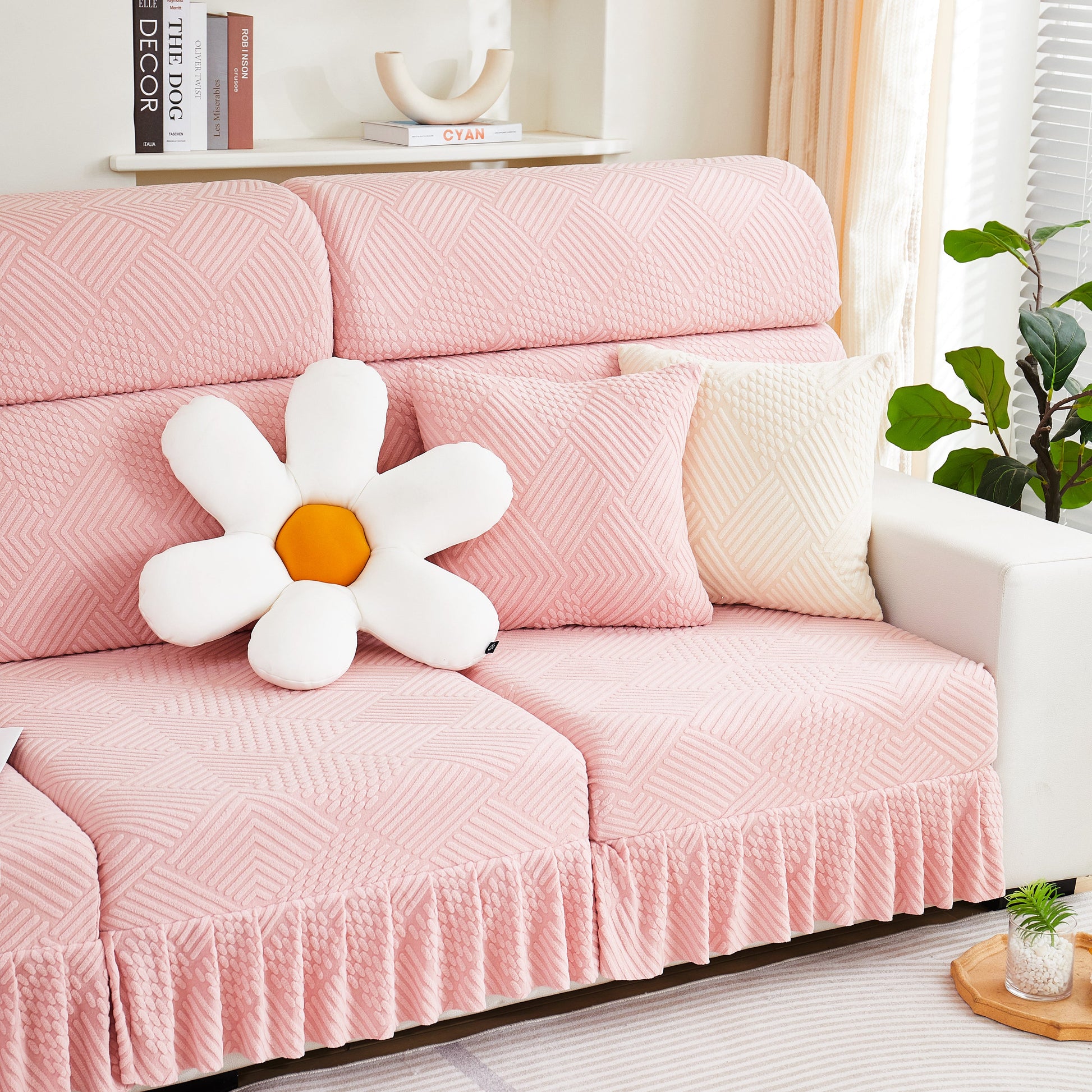 Stretch Sofa Covers for Couch Seats and Cushions, Suitable for 1/2/3/4/L Seater Sofas and Couches, in a stylish pink design with skirt