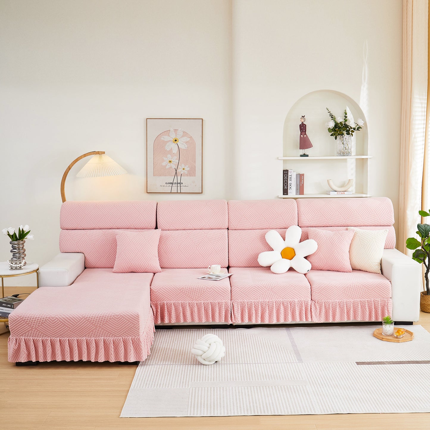 Pink Stretch Sofa Covers for Couch Seats and Cushions, Suitable for 1/2/3/4/L Seater Sofas and Couches with stylish skirt