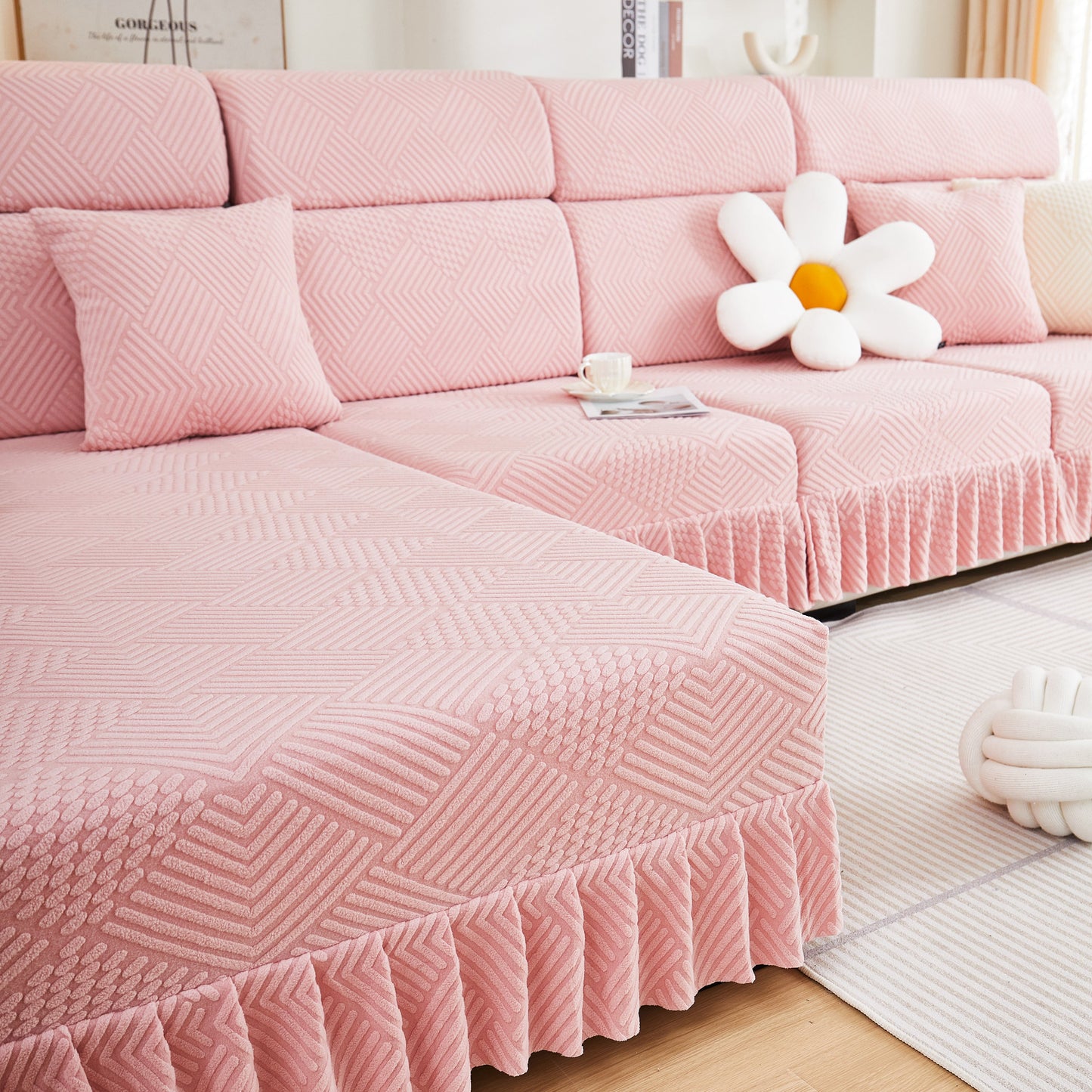 Stretch Sofa Covers for Couch Seats and Cushions, Suitable for 1/2/3/4/L Seater Sofas and Couches, elegant pink design with skirt