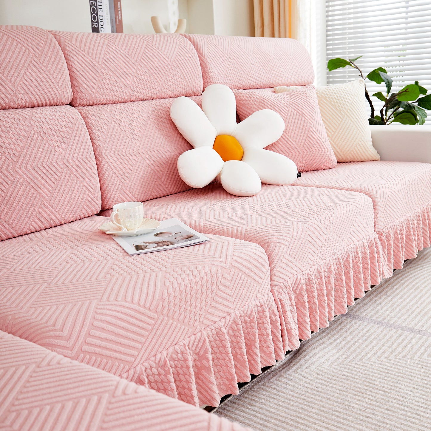 Pink stretch sofa covers for 1/2/3/4/L seater sofas and couches, featuring a stylish skirt, perfect for couch seats and cushions.