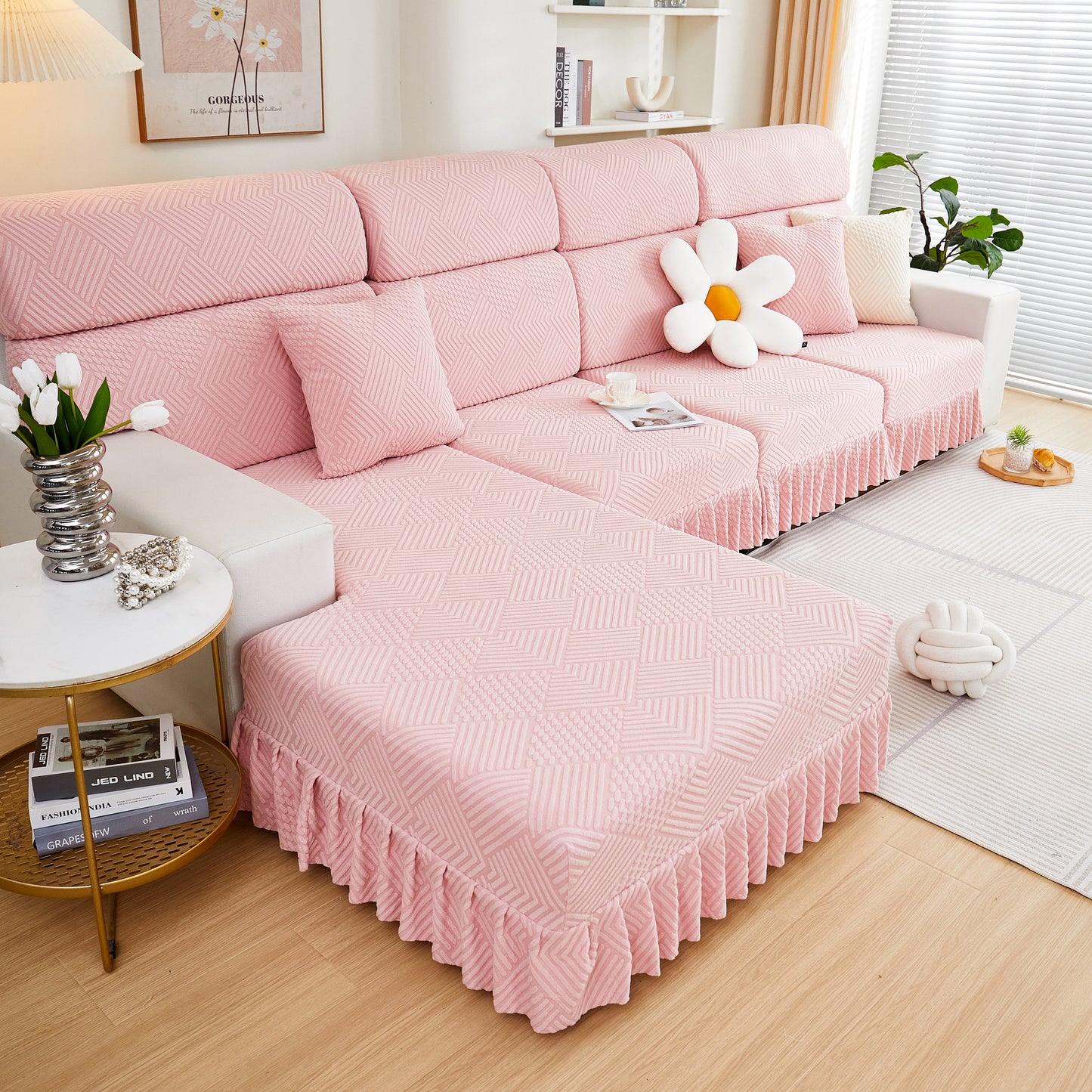 Stretch Sofa Covers for Couch Seats and Cushions, Suitable for 1/2/3/4/L Seater Sofas and Couches in elegant pink design with skirt