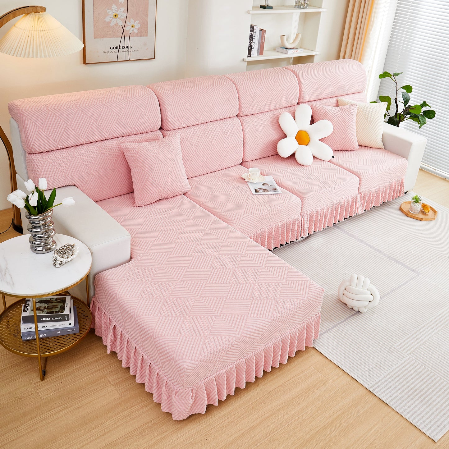 Stretch Sofa Covers for Couch Seats and Cushions, Suitable for 1/2/3/4/L Seater Sofas and Couches with a stylish skirt in living room