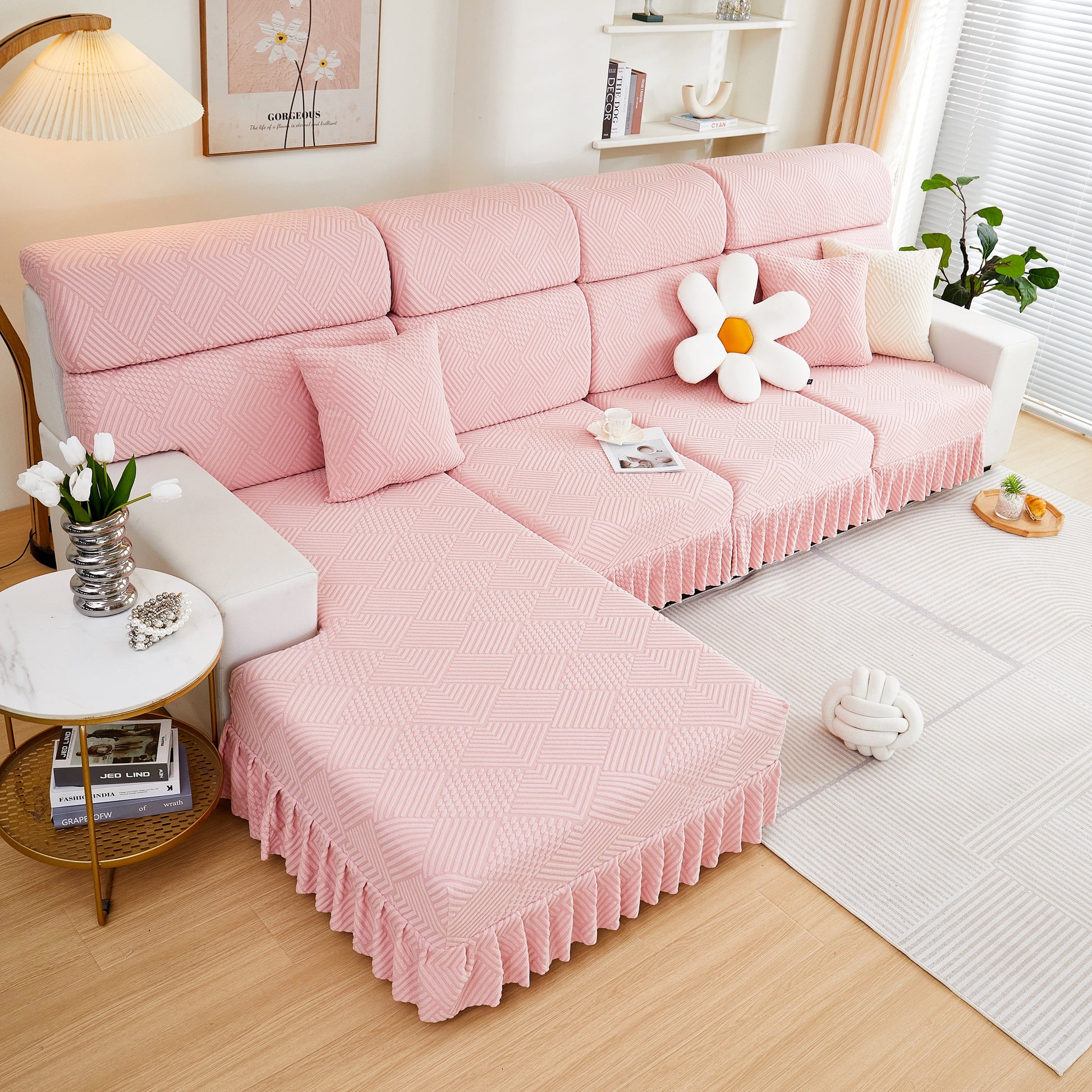 Stretch Sofa Covers for Couch Seats and Cushions, Suitable for 1/2/3/4/L Seater Sofas and Couches with a stylish skirt in living room