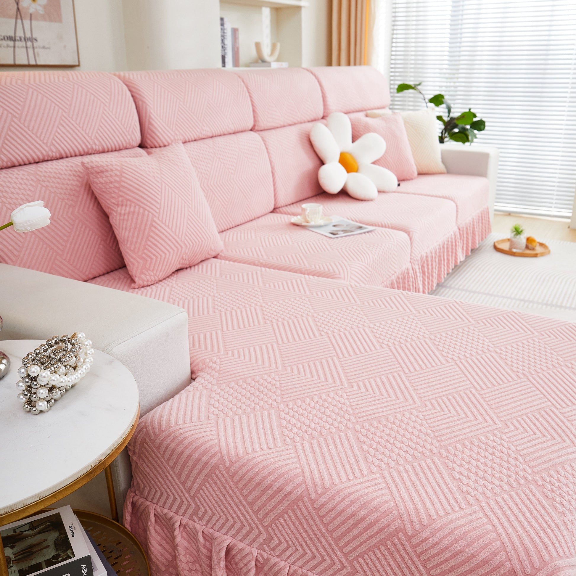 Stretch Sofa Covers for Couch Seats and Cushions, Suitable for 1/2/3/4/L Seater Sofas and Couches shown in a elegant living room setup.