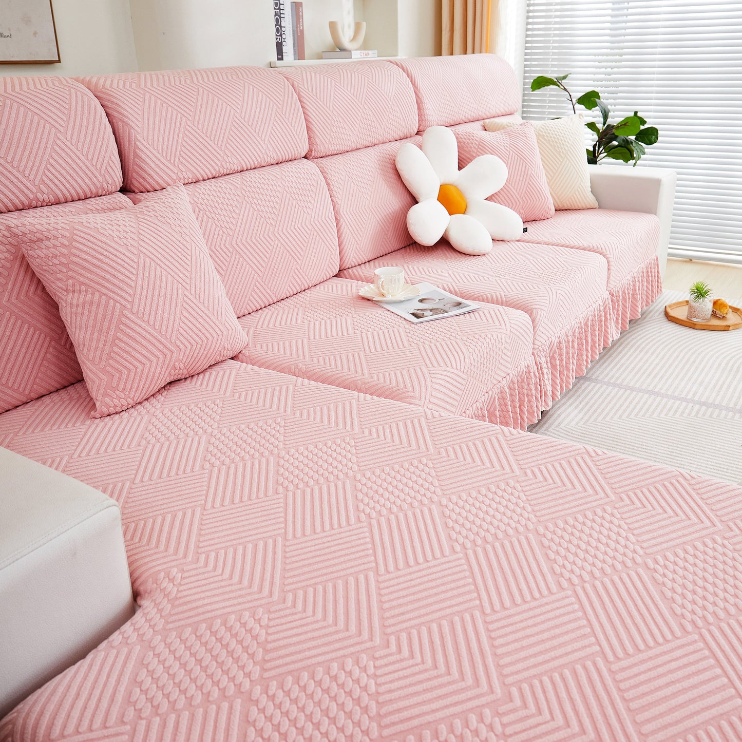 Stretch Sofa Covers for Couch Seats and Cushions, Suitable for 1/2/3/4/L Seater Sofas and Couches in a cozy living room setting.