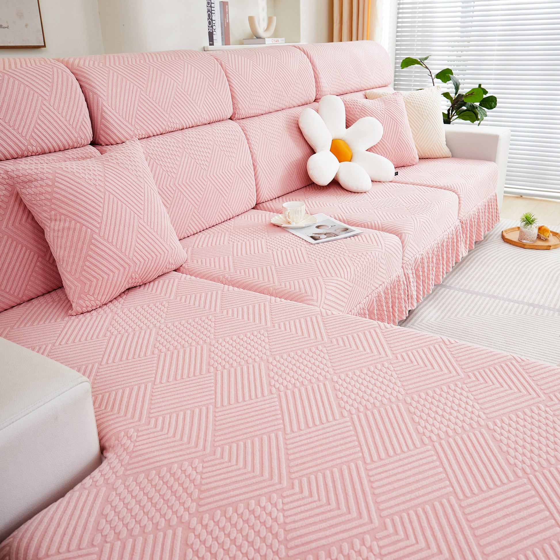 Stretch Sofa Covers for Couch Seats and Cushions, Suitable for 1/2/3/4/L Seater Sofas and Couches in a cozy living room setting.