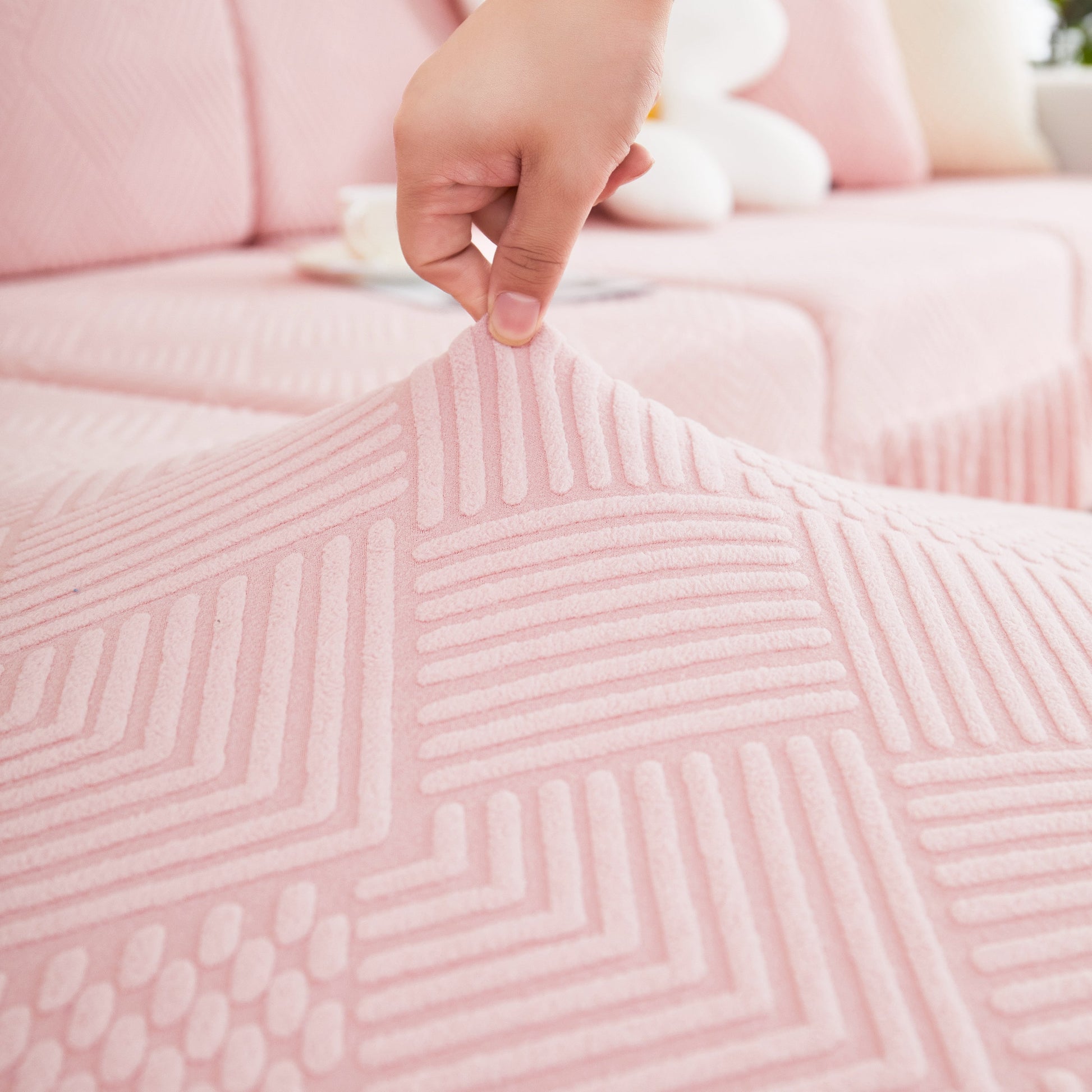 Close-up of Stretch Sofa Covers for Couch Seats and Cushions, Suitable for 1/2/3/4/L Seater Sofas and Couches with textured pattern.