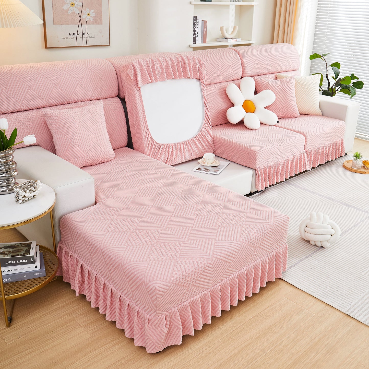 Pink stretch sofa covers for couch seats and cushions, suitable for 1/2/3/4/L seater sofas and couches, with stylish skirt design.