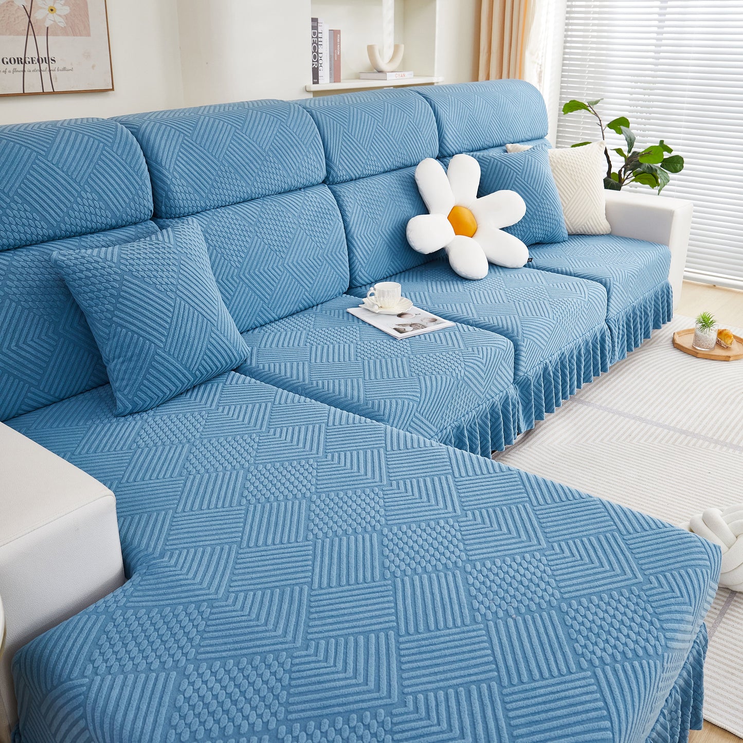 Stretch Sofa Covers for Couch Seats and Cushions, Suitable for 1/2/3/4/L Seater Sofas and Couches in blue with a stylish skirt.