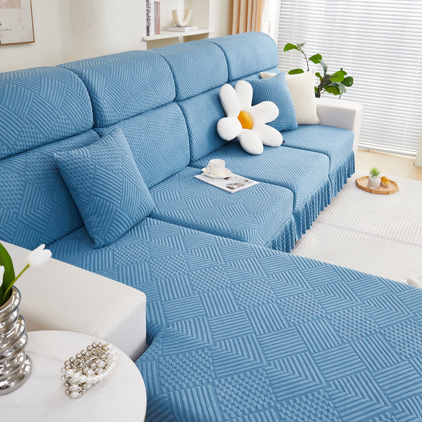 Blue Stretch Sofa Covers for Couch Seats and Cushions, Suitable for 1/2/3/4/L Seater Sofas and Couches with stylish skirt in living room.