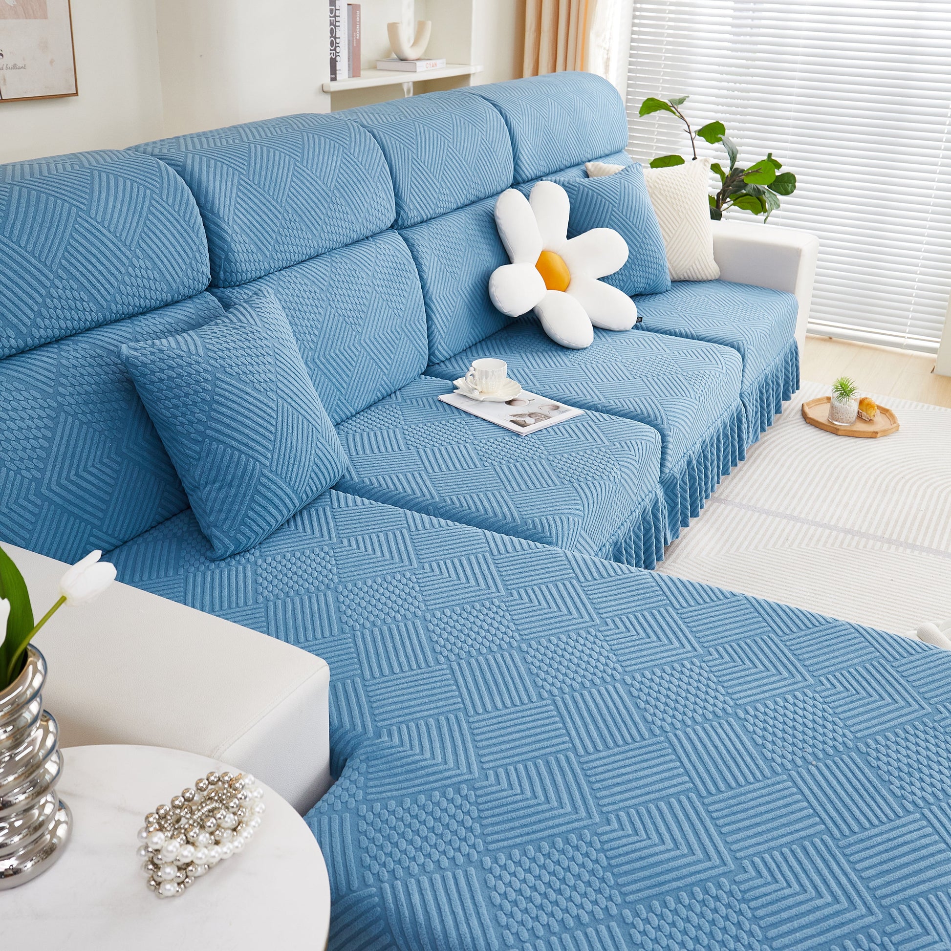 Blue Stretch Sofa Covers for Couch Seats and Cushions, Suitable for 1/2/3/4/L Seater Sofas and Couches with stylish skirt in living room.