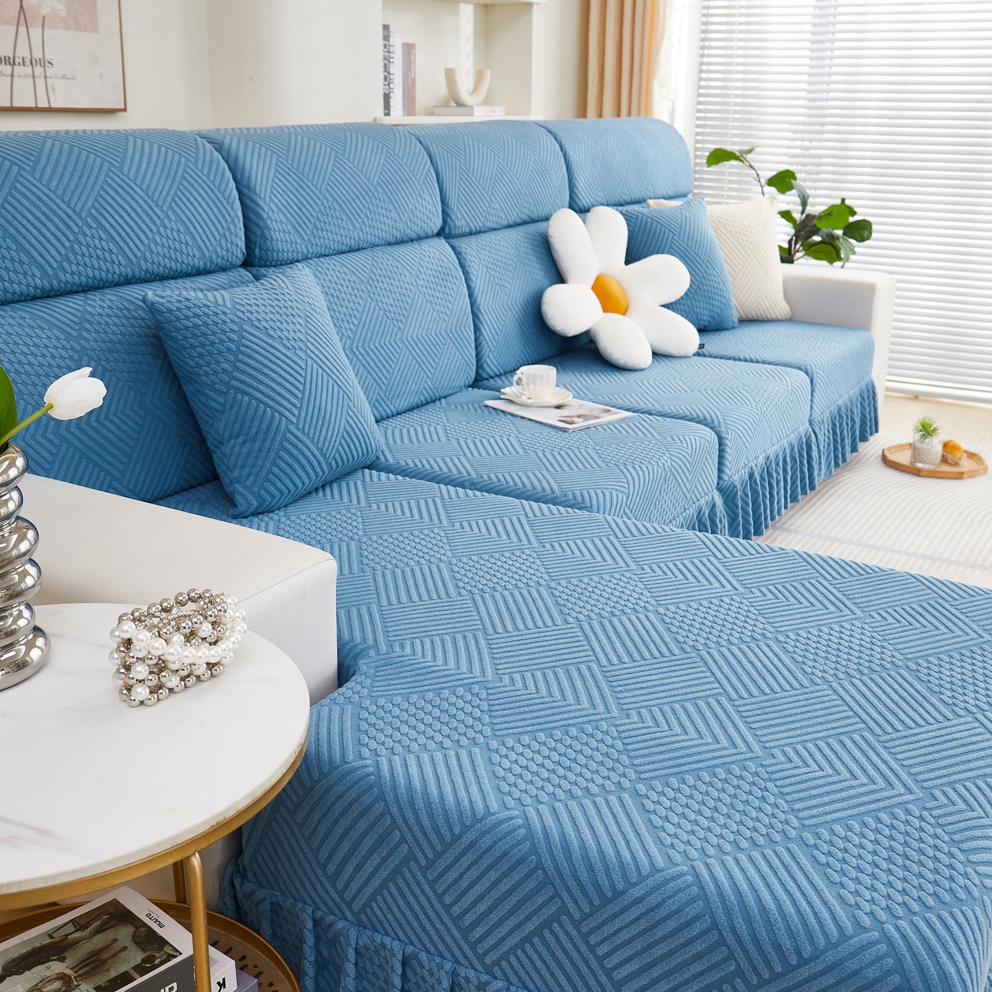 Blue Stretch Sofa Covers for Couch Seats and Cushions, Suitable for 1/2/3/4/L Seater Sofas and Couches with stylish skirt design