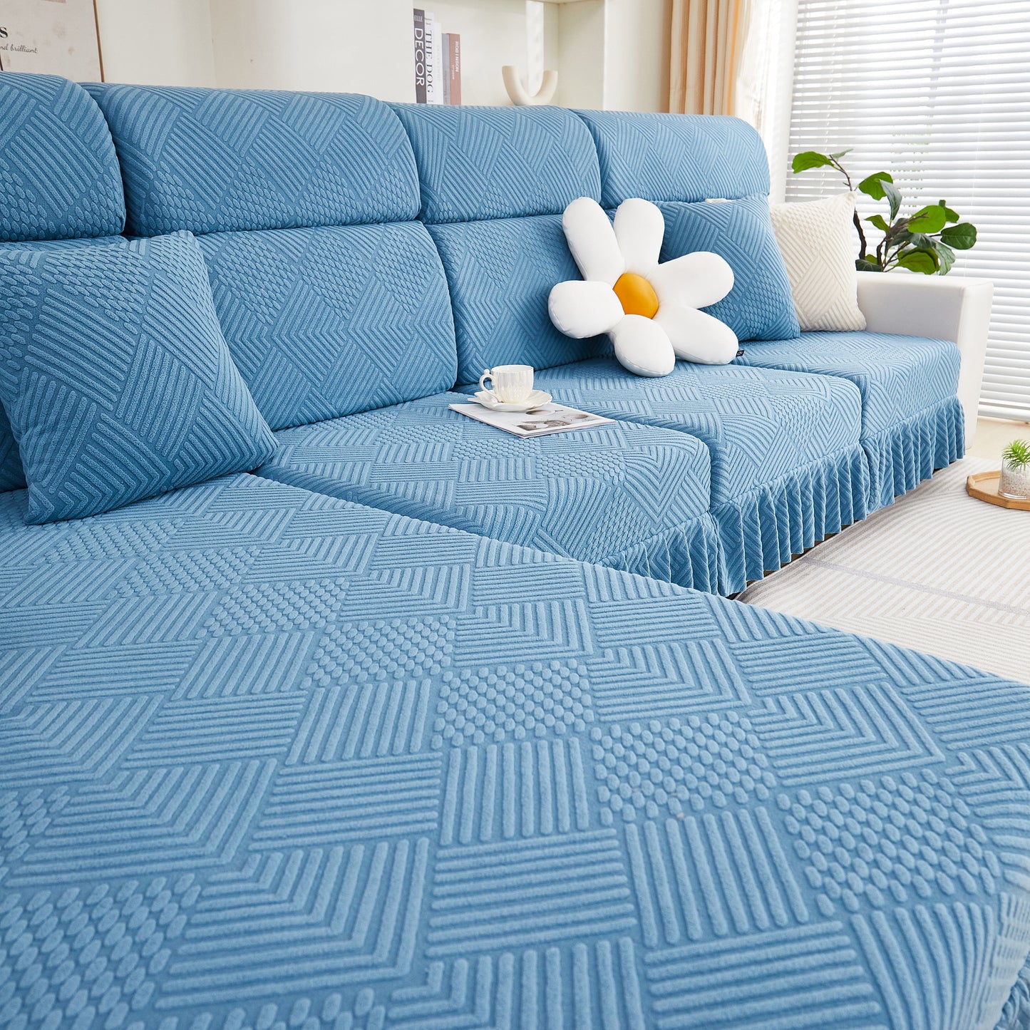 Stretch Sofa Covers for Couch Seats and Cushions, Suitable for 1/2/3/4/L Seater Sofas and Couches in blue with stylish skirt