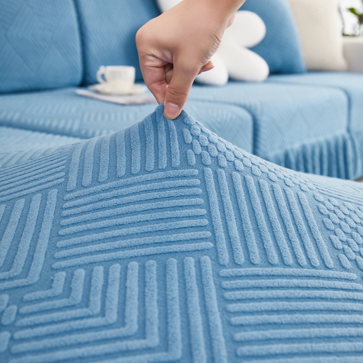 Stretch Sofa Covers for Couch Seats and Cushions, Suitable for 1/2/3/4/L Seater Sofas and Couches in textured blue fabric