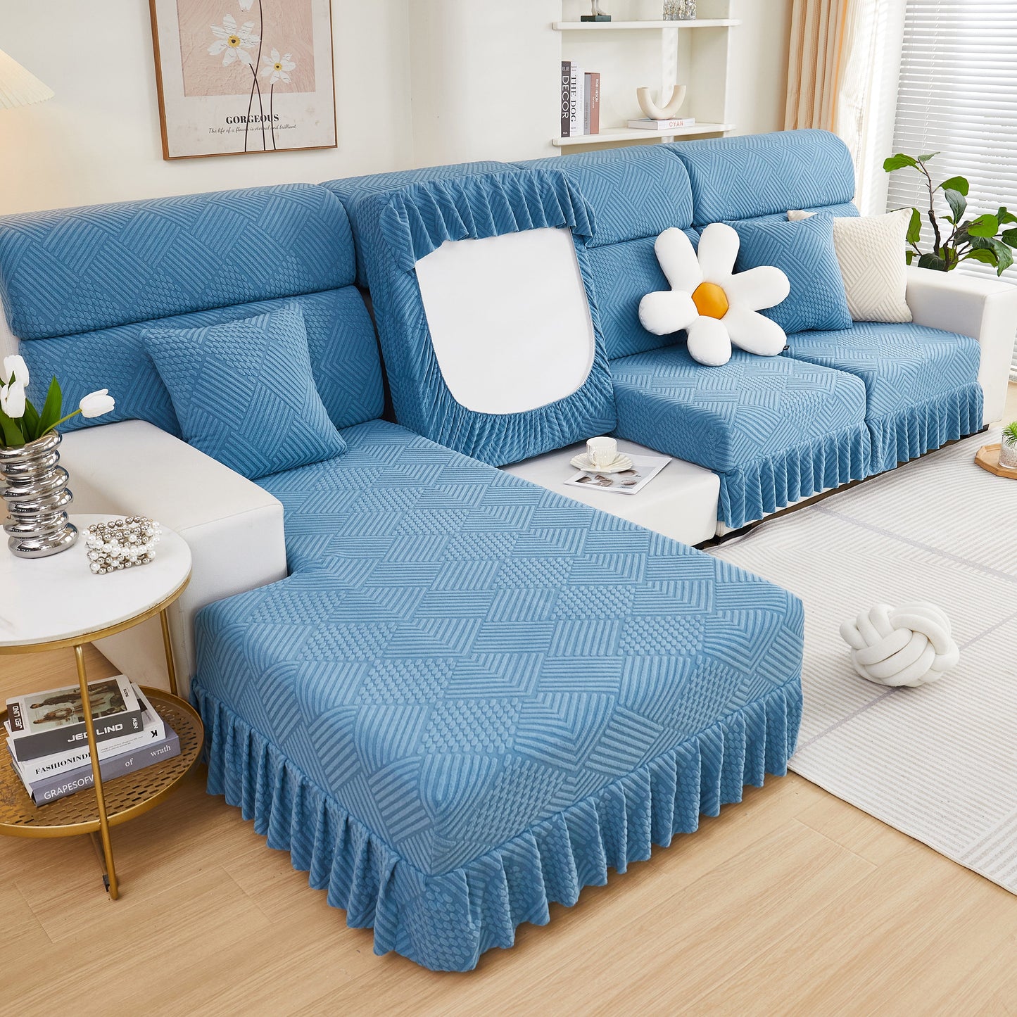 Blue stretch sofa covers for couch seats and cushions, suitable for 1/2/3/4/L seater sofas and couches, with elegant skirt detail