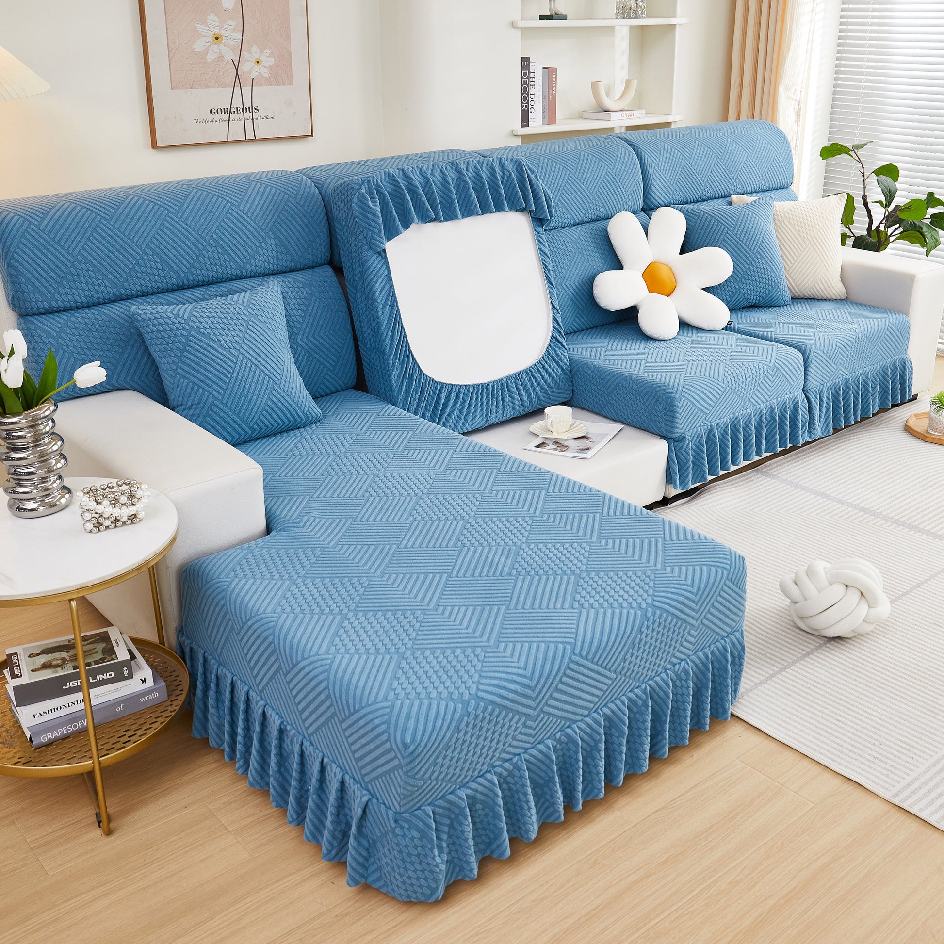 Blue stretch sofa covers for couch seats and cushions, suitable for 1/2/3/4/L seater sofas and couches, with elegant skirt detail