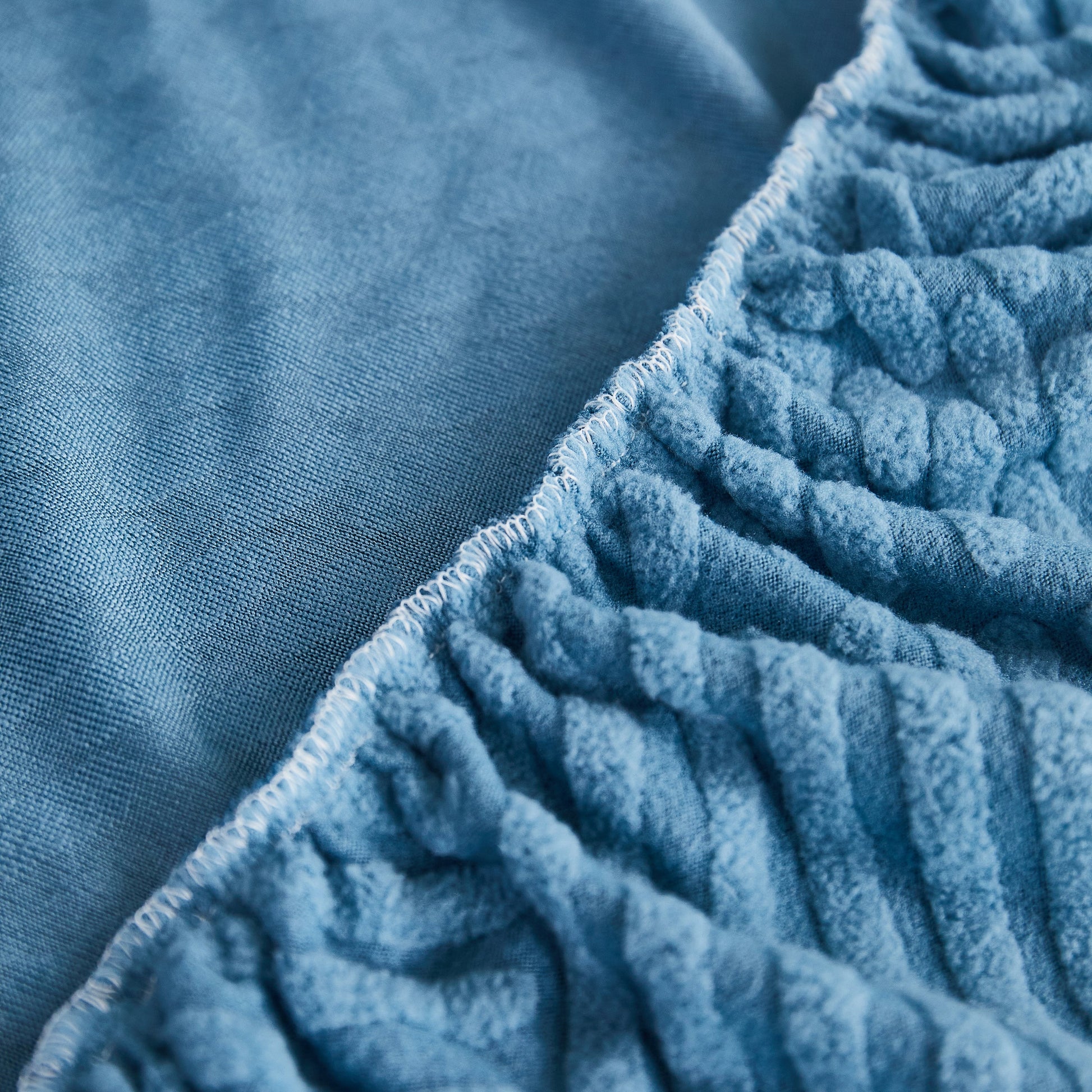 Close-up of blue Stretch Sofa Covers for Couch Seats and Cushions, Suitable for 1/2/3/4/L Seater Sofas and Couches with stylish texture.