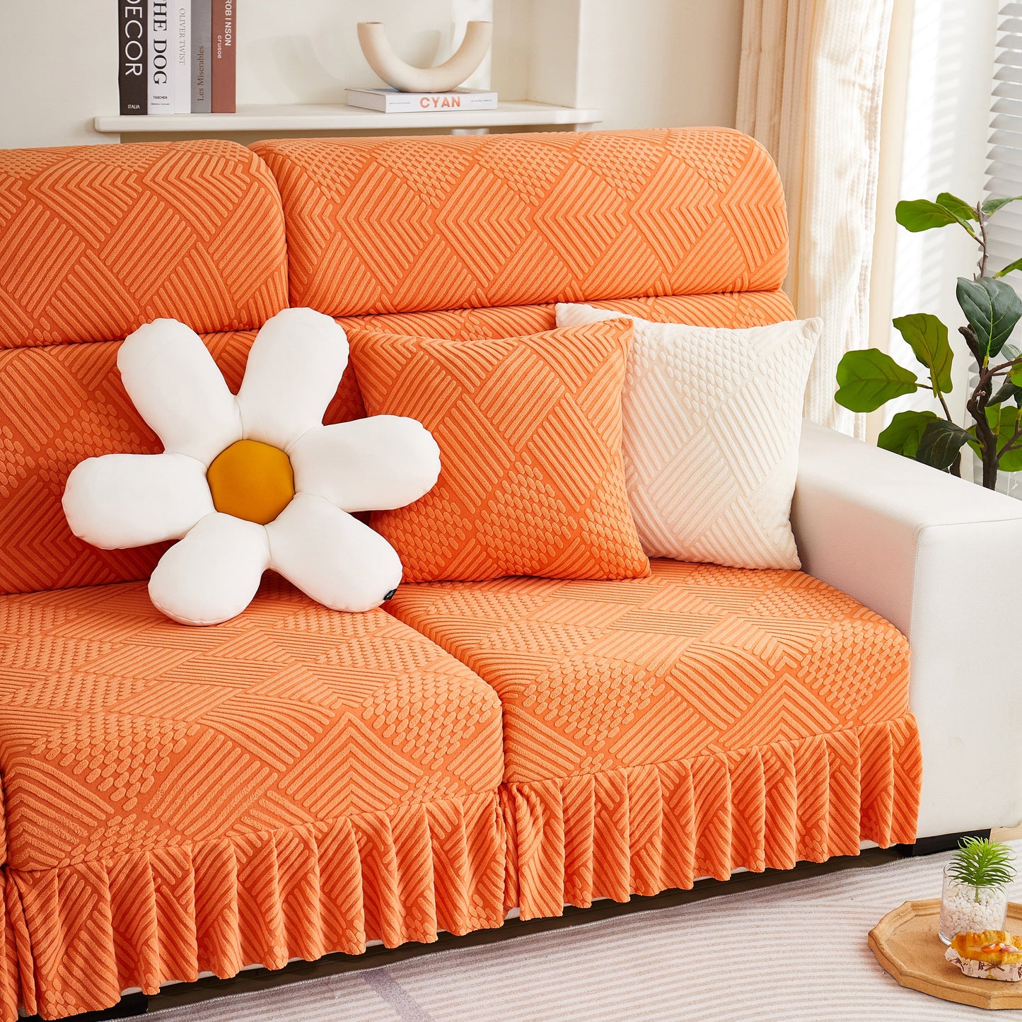Stretch Sofa Covers for Couch Seats and Cushions, Suitable for 1/2/3/4/L Seater Sofas and Couches in living room with orange color.