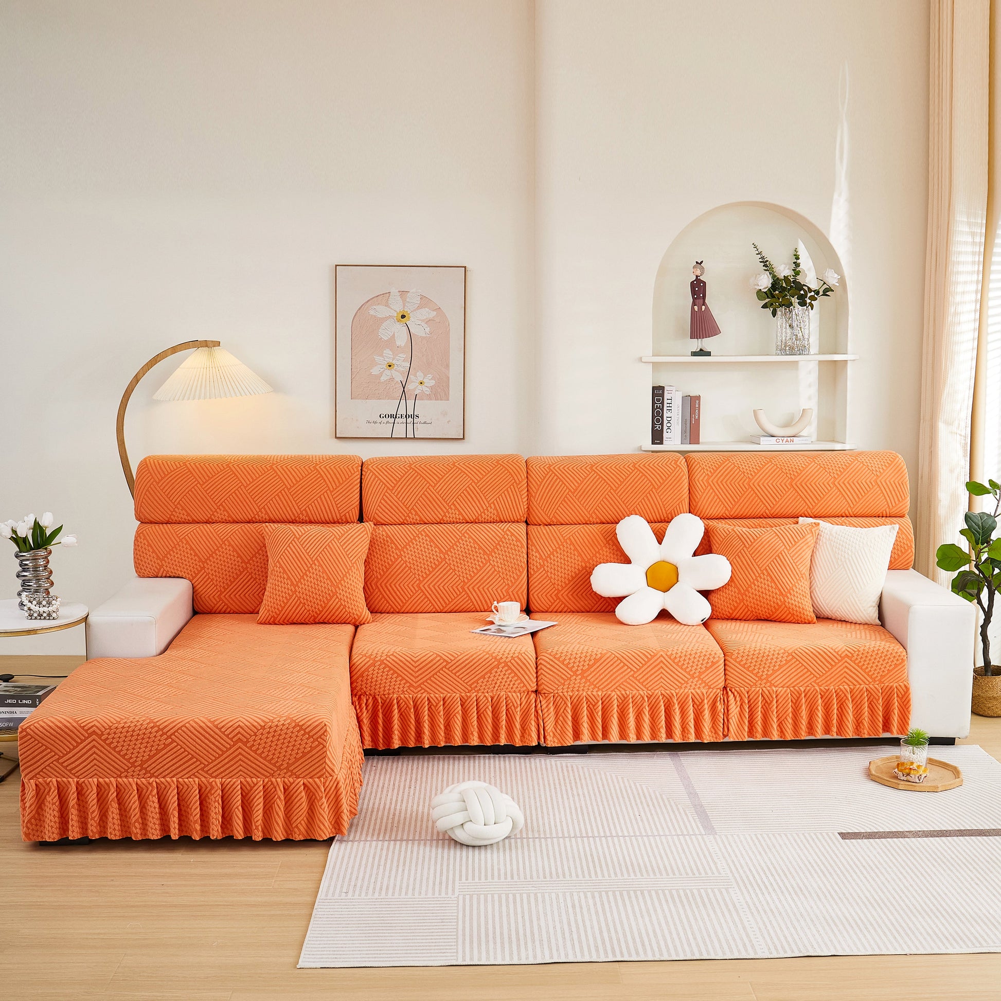 Stretch Sofa Covers for Couch Seats and Cushions, Suitable for 1/2/3/4/L Seater Sofas and Couches, shown in an elegant living room setting.