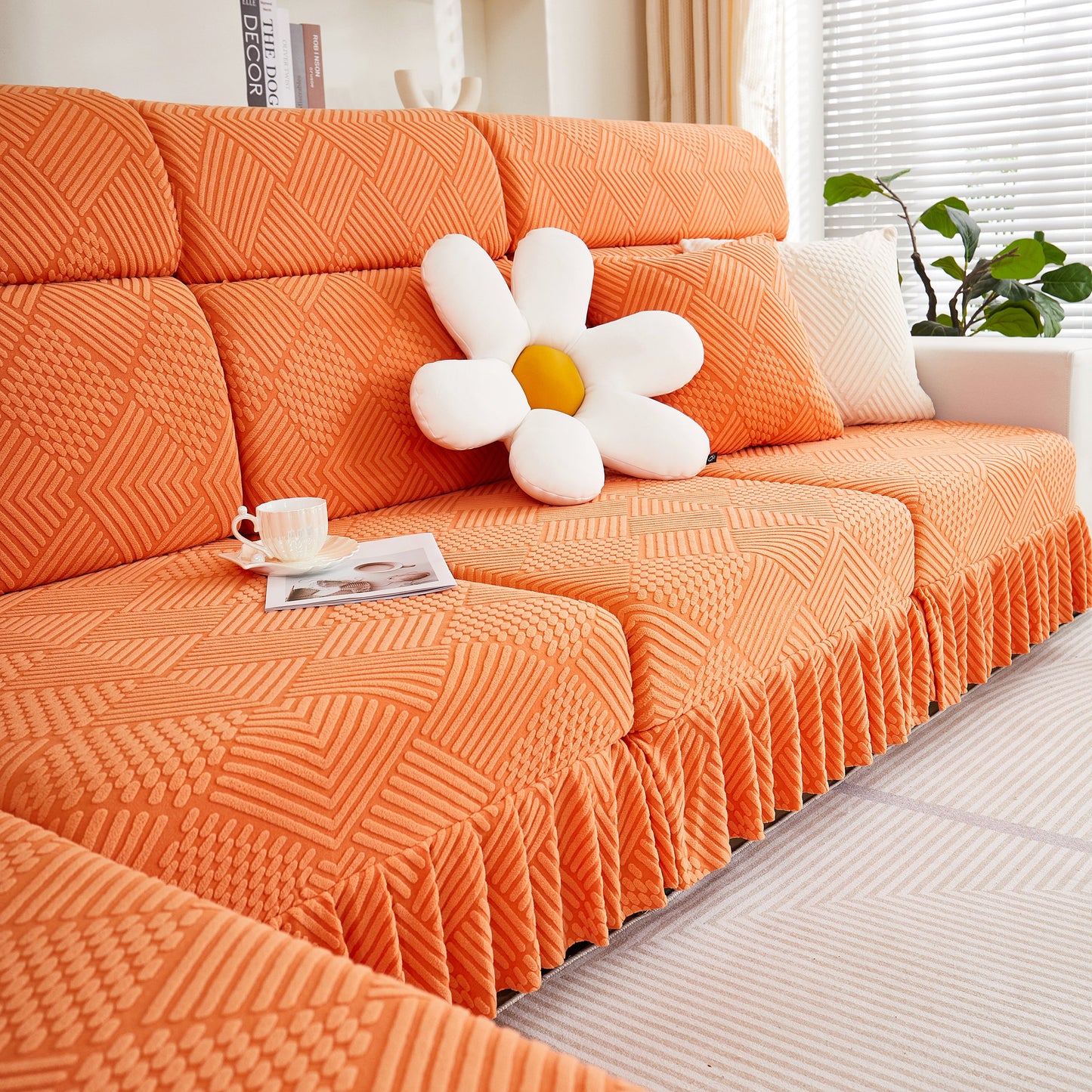 Stretch Sofa Covers for Couch Seats and Cushions, Suitable for 1/2/3/4/L Seater Sofas and Couches in orange with stylish skirt