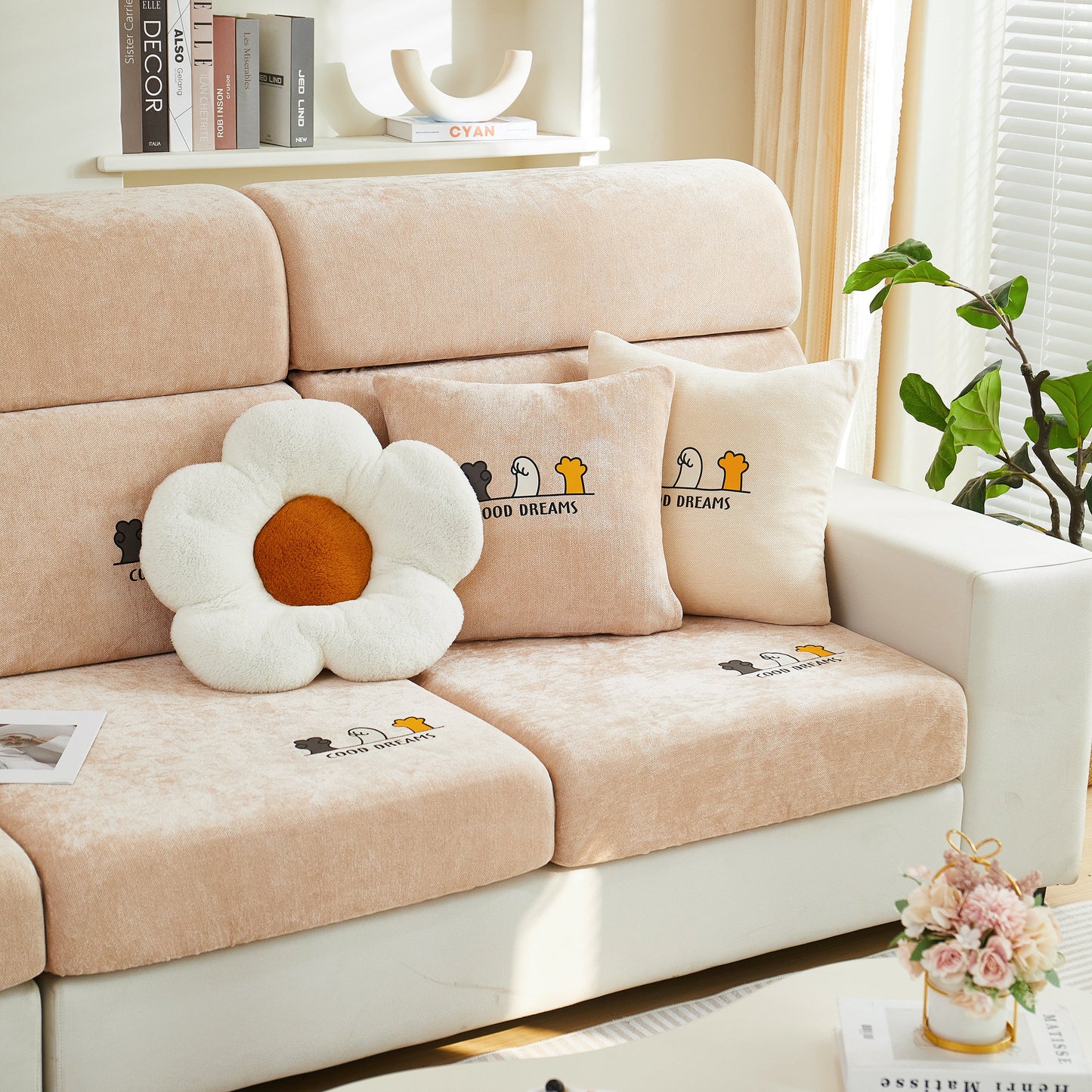 Super Stretch Seat Cushion/Couch Slipcover, Solid Couch Cushion Covers Washable Furniture Protector on beige sofa with pillows