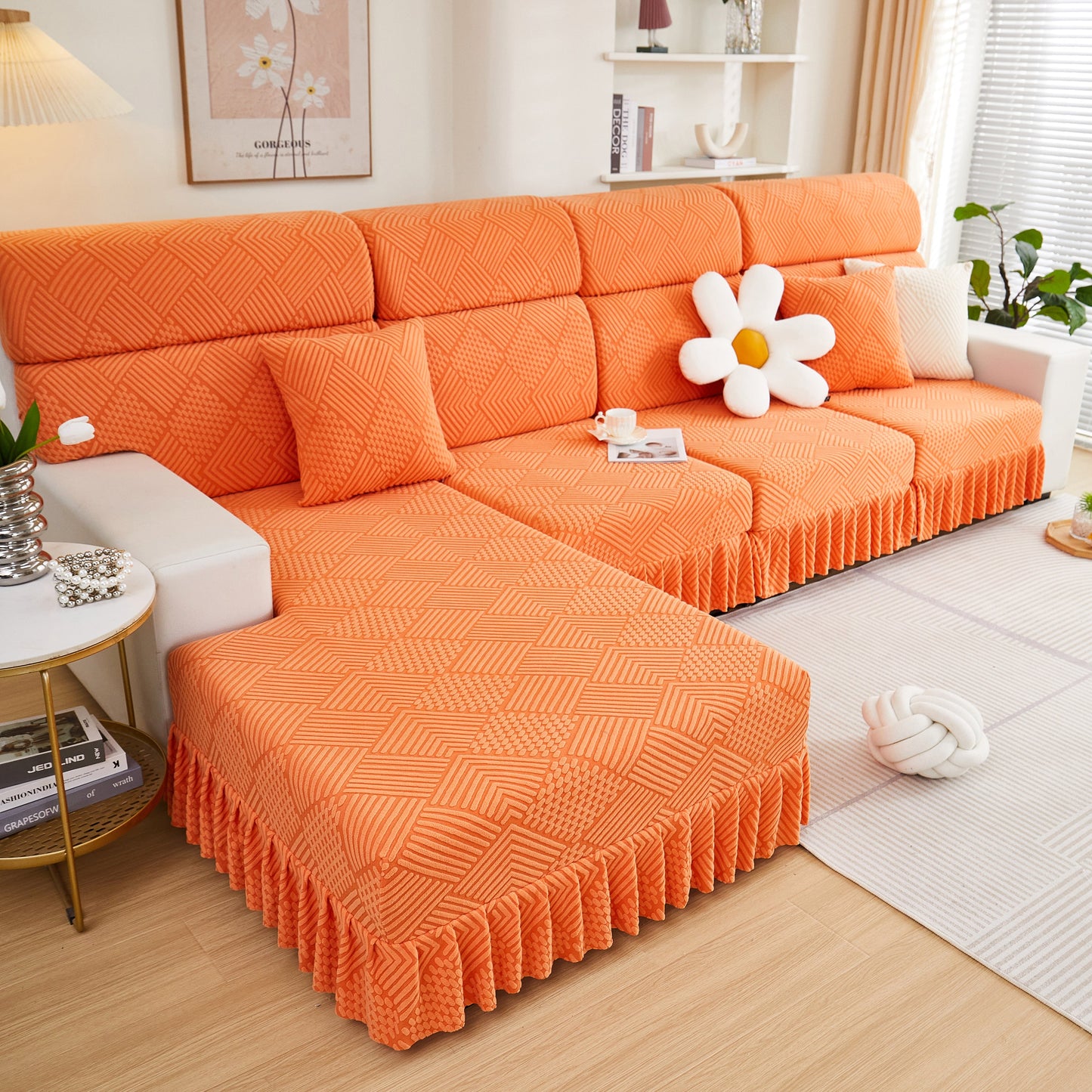 Stretch Sofa Covers for Couch Seats and Cushions, Suitable for 1/2/3/4/L Seater Sofas and Couches, shown on an orange sofa