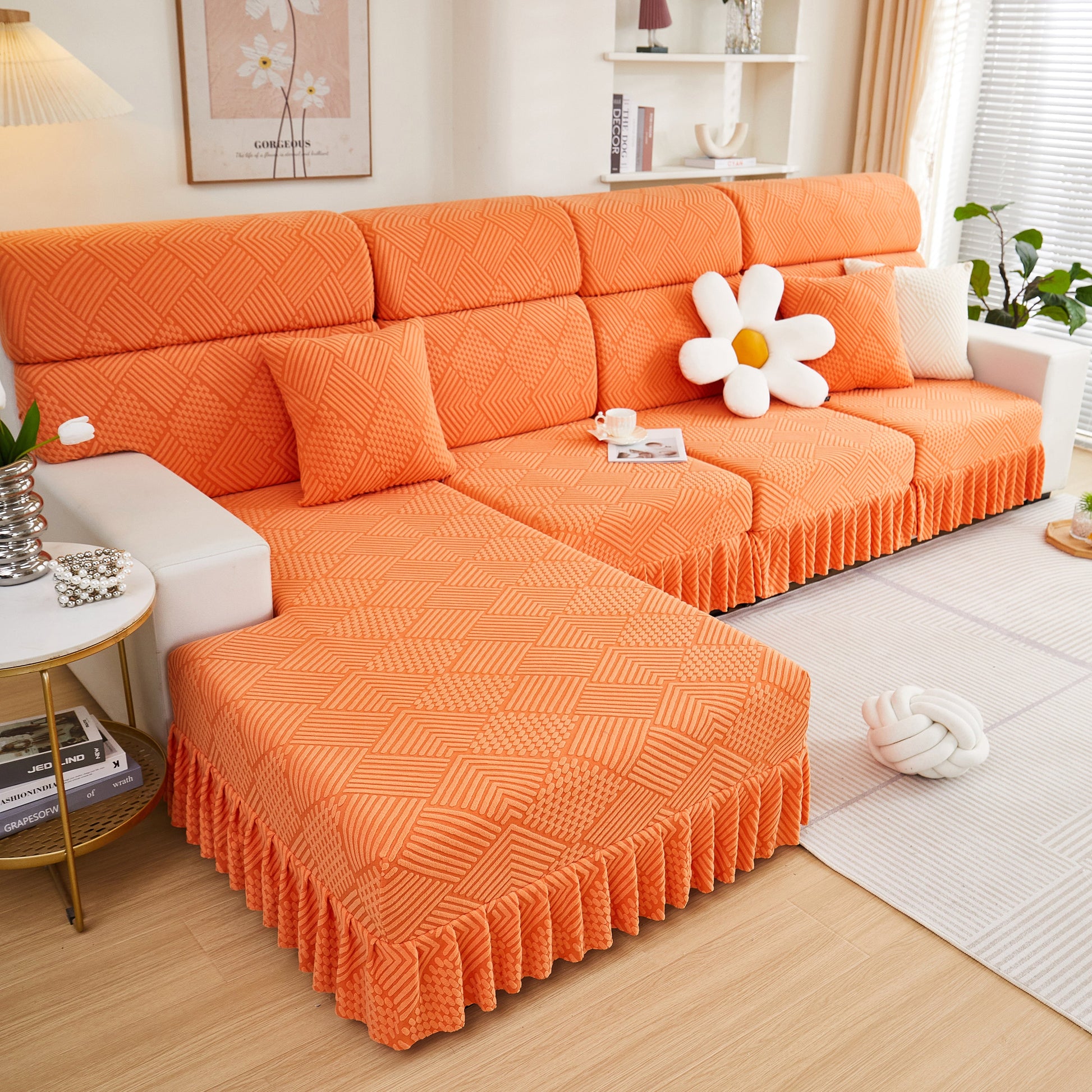 Stretch Sofa Covers for Couch Seats and Cushions, Suitable for 1/2/3/4/L Seater Sofas and Couches, shown on an orange sofa