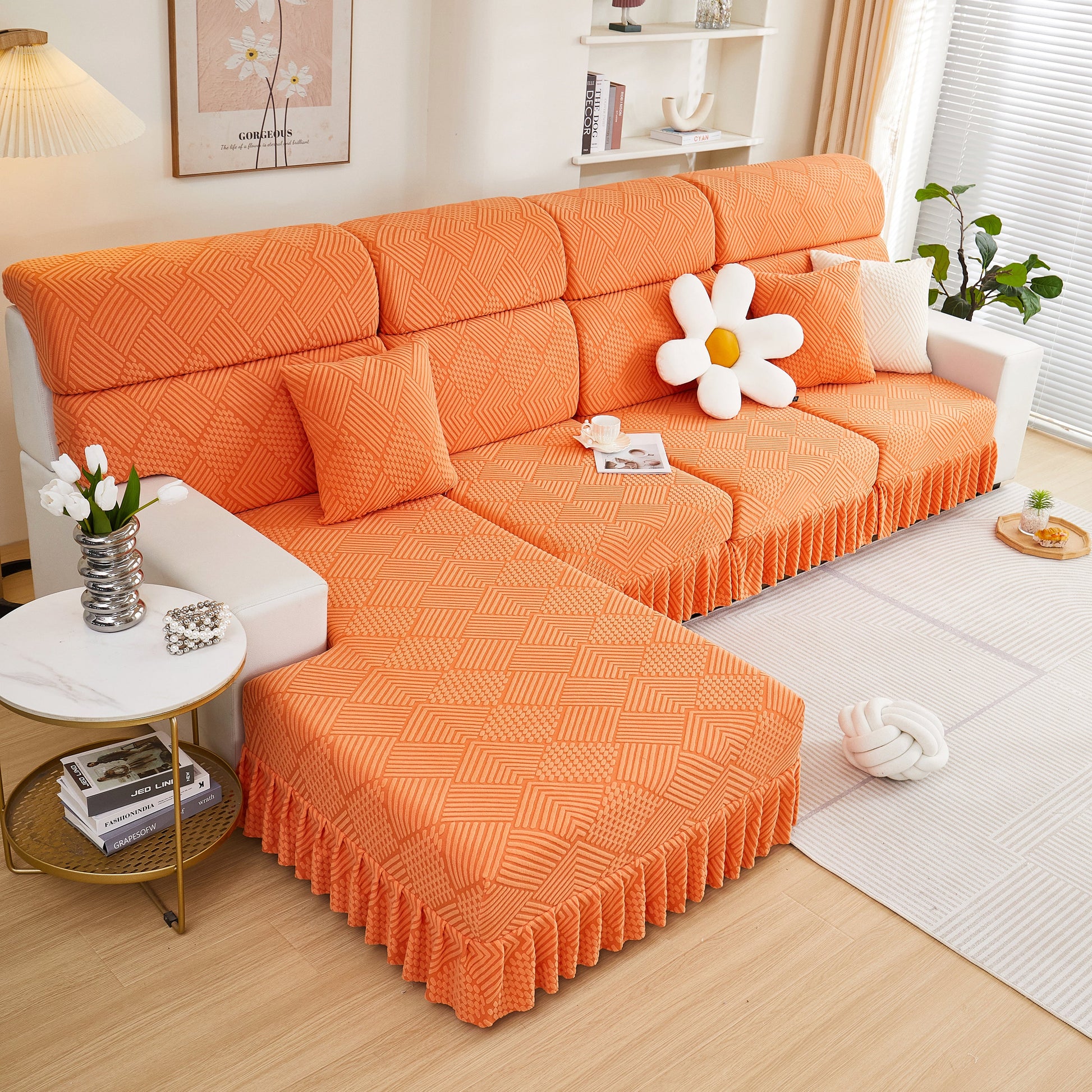 Stretch Sofa Covers for Couch Seats and Cushions, Suitable for 1/2/3/4/L Seater Sofas and Couches with stylish orange skirt design