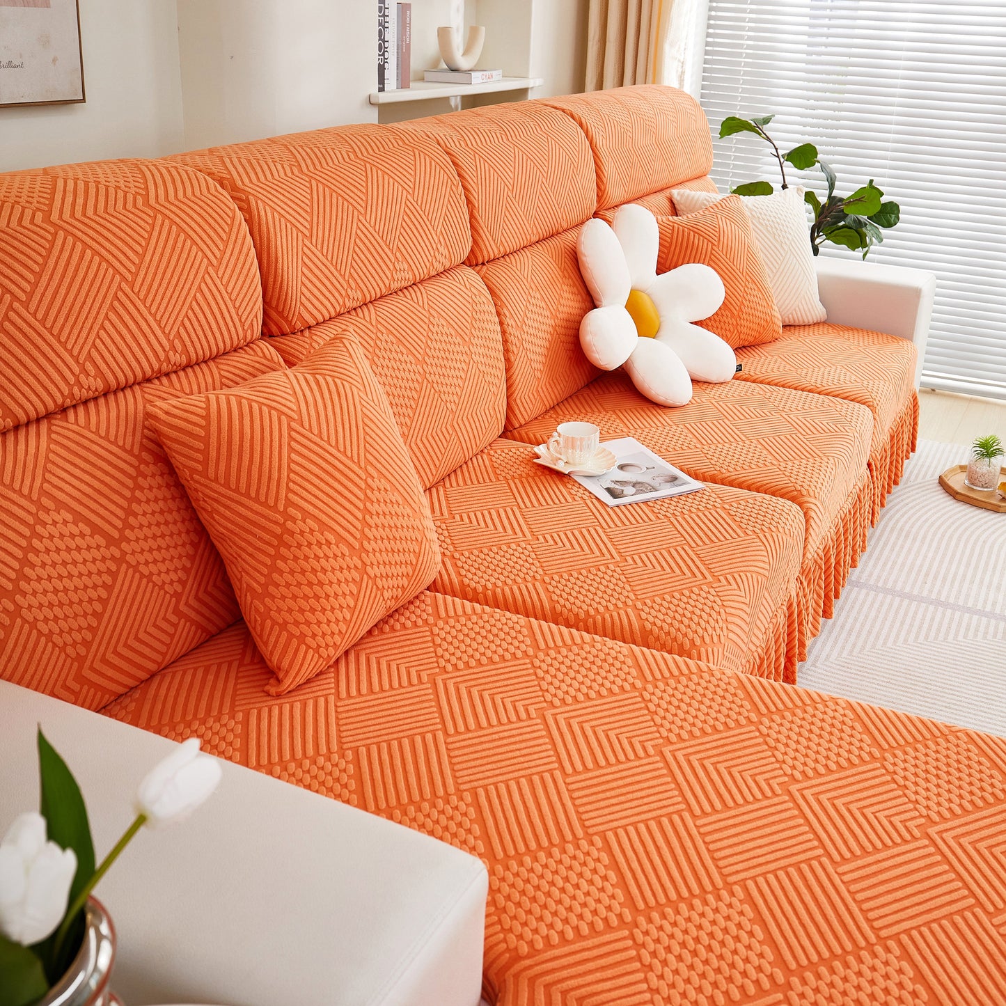 Stretch Sofa Covers for Couch Seats and Cushions, Suitable for 1/2/3/4/L Seater Sofas featuring a stylish skirt and vibrant design.