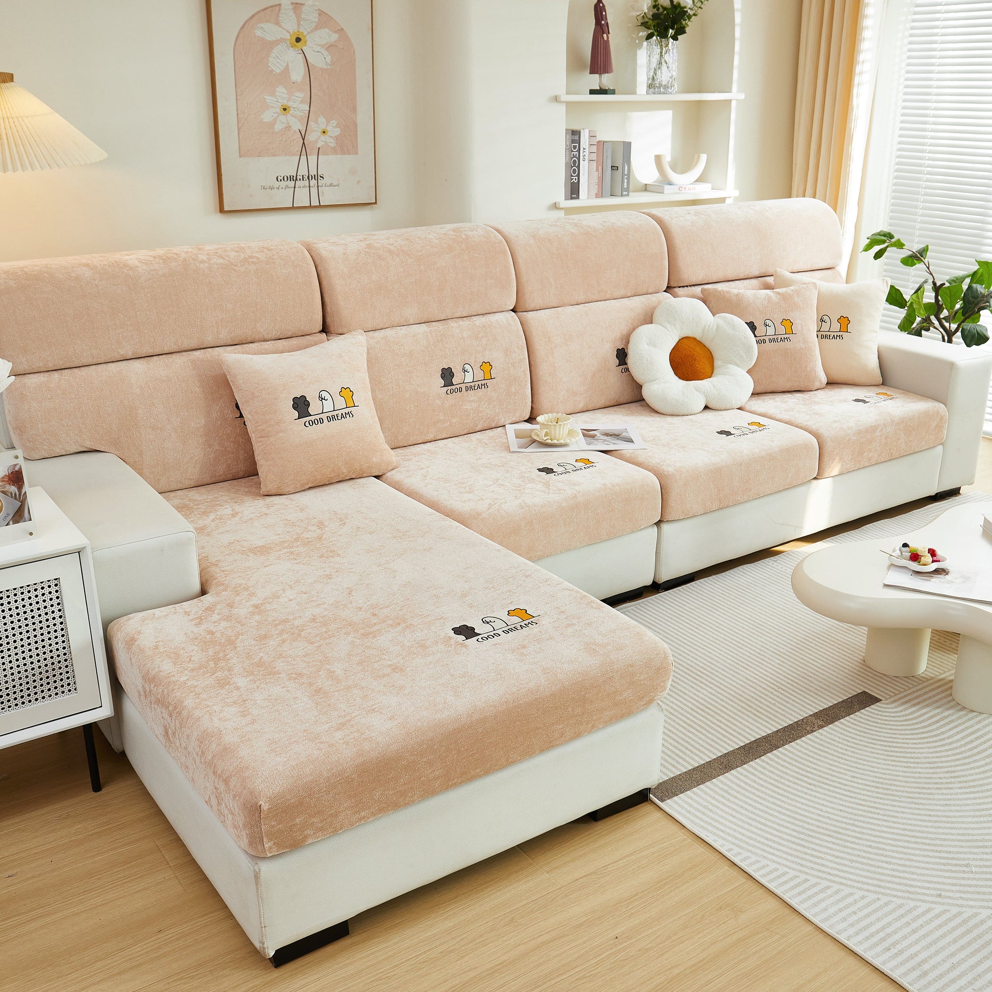 Beige chenille Super Stretch Seat Cushion/Couch Slipcover on modern sectional, Solid Couch Cushion Covers Washable Furniture Protector