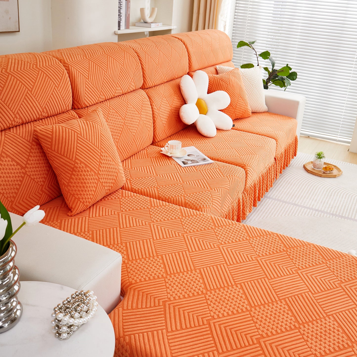 Stretch Sofa Covers for Couch Seats and Cushions, Suitable for 1/2/3/4/L Seater Sofas and Couches in stylish orange design