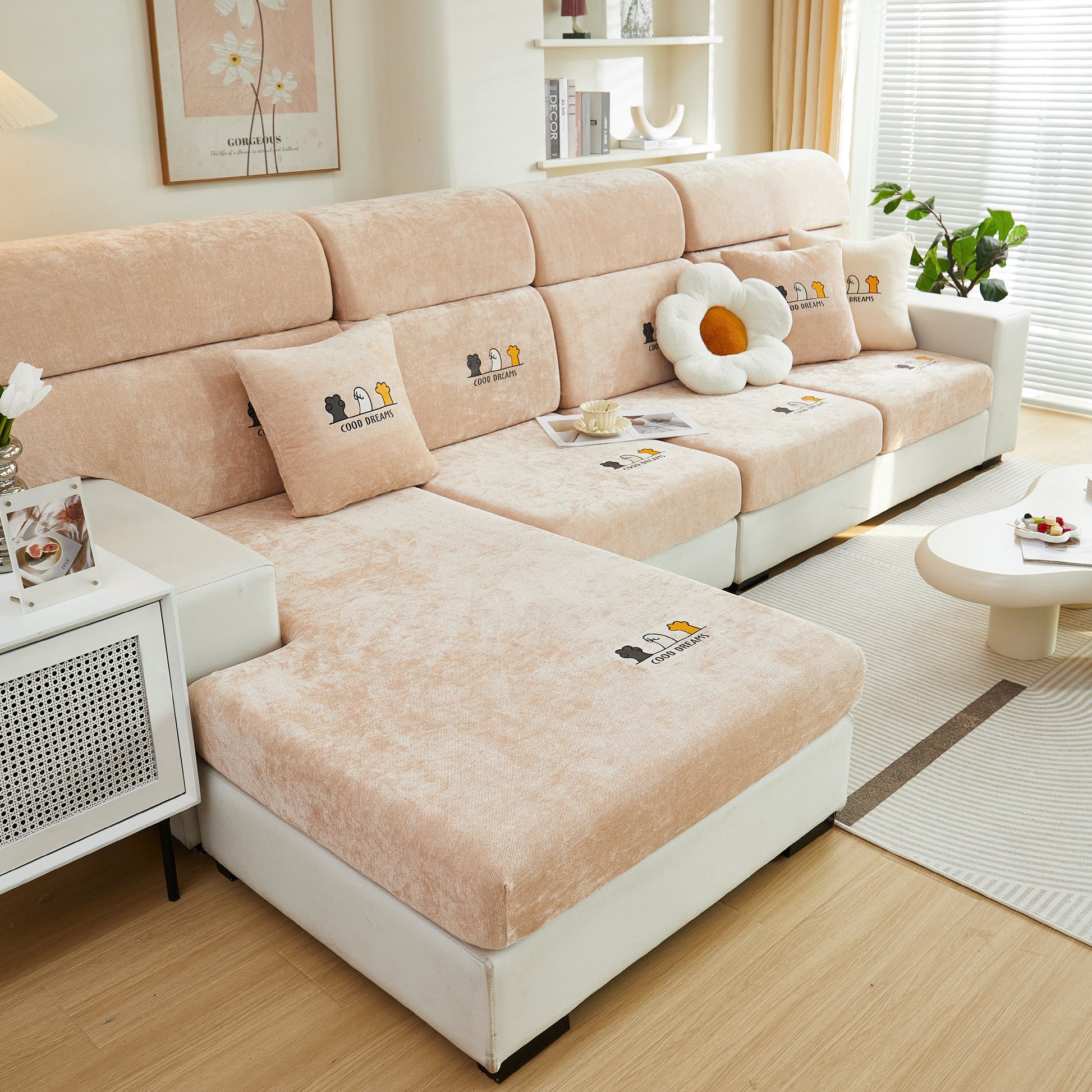 Living room with beige Super Stretch Seat Cushion/Couch Slipcover, Solid Couch Cushion Covers Washable Furniture Protector on sofa.