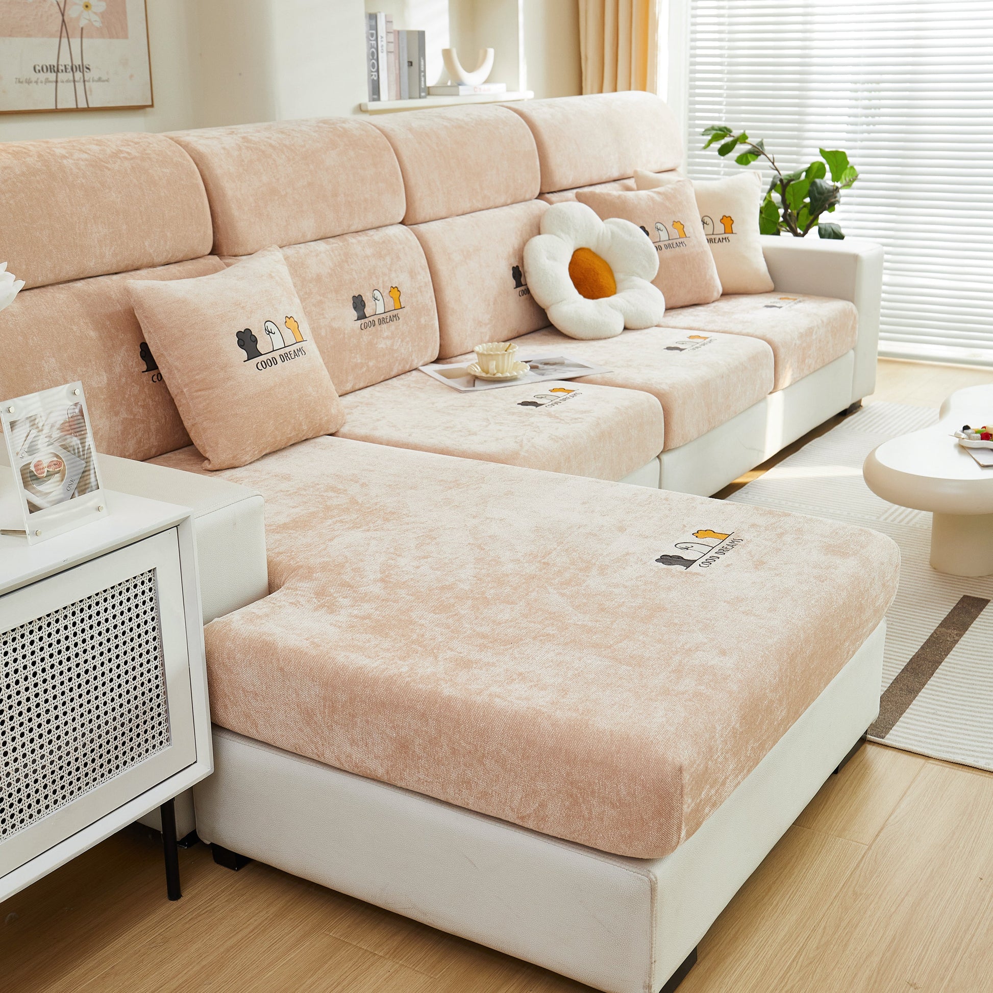 Super Stretch Seat Cushion/Couch Slipcover, Solid Couch Cushion Covers Washable Furniture Protector on modern beige sofa.
