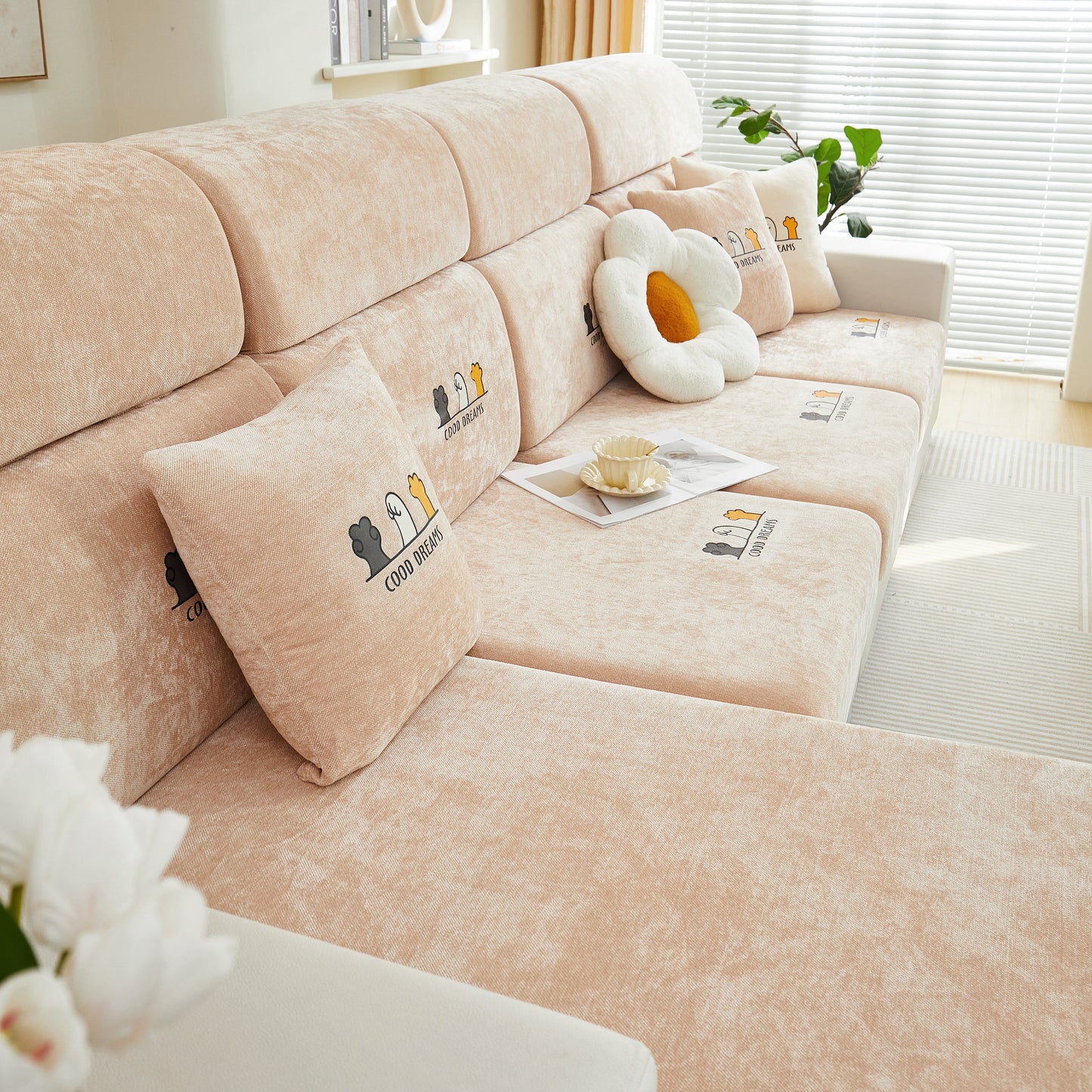 Super Stretch Seat Cushion/Couch Slipcover, Solid Couch Cushion Covers Washable Furniture Protector on a modern sofa