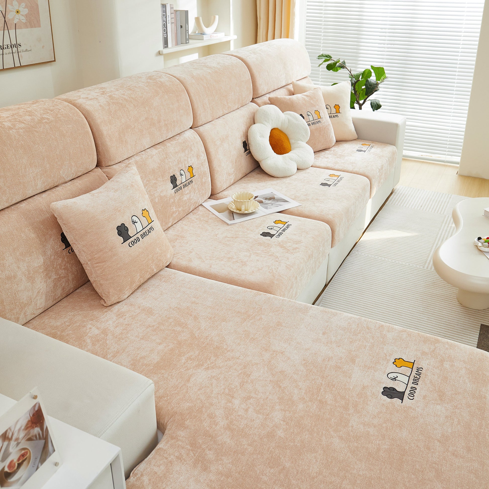 Luxurious Chenille Super Stretch Seat Cushion/Couch Slipcover, Solid Couch Cushion Covers Washable Furniture Protector on beige sofa