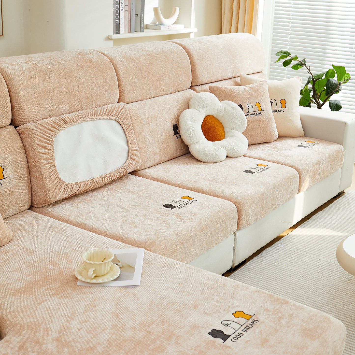Super Stretch Seat Cushion/Couch Slipcover, Solid Couch Cushion Covers Washable Furniture Protector on beige sofa