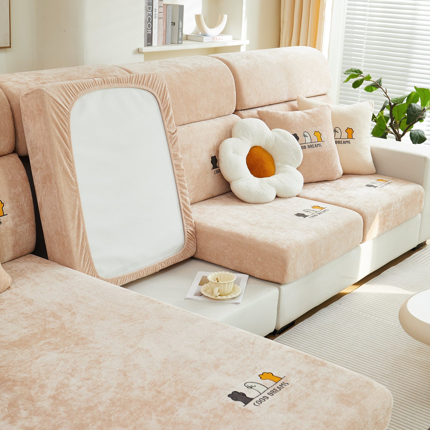 Luxurious chenille Super Stretch Seat Cushion/Couch Slipcover, Solid Couch Cushion Covers Washable Furniture Protector on sofa.