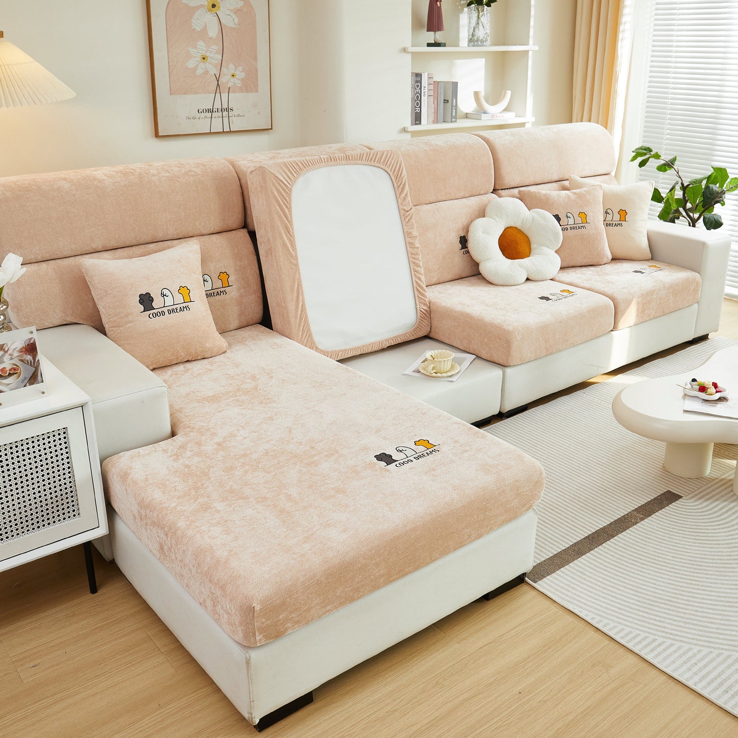 Super Stretch Seat Cushion/Couch Slipcover in chenille fabric, solid couch cushion covers, washable furniture protector on sectional sofa