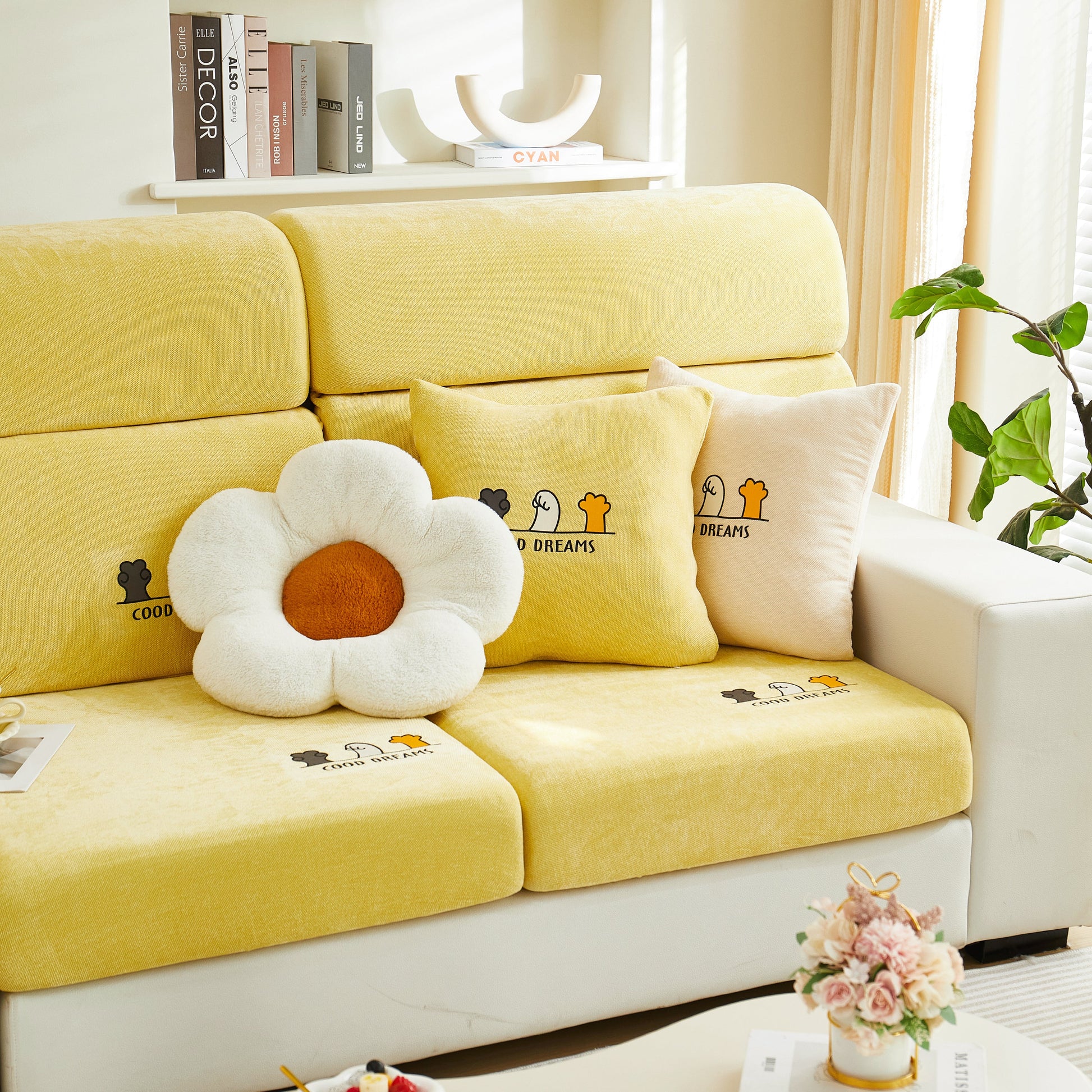 Super Stretch Seat Cushion/Couch Slipcover in sunny living room with decorative pillows, Solid Couch Cushion Covers Washable Furniture Protector.