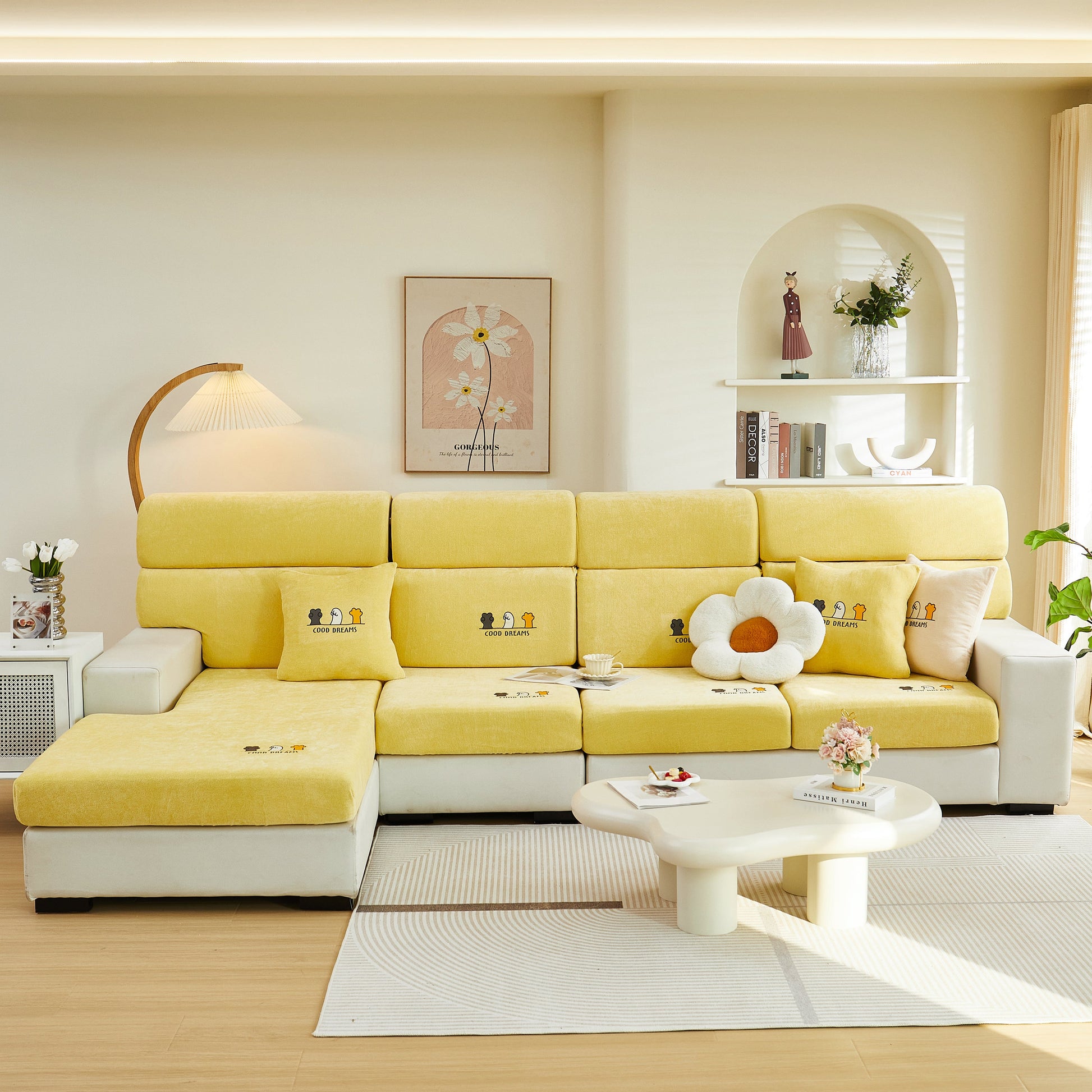 Super Stretch Seat Cushion/Couch Slipcover on modern yellow sectional sofa in cozy living room
