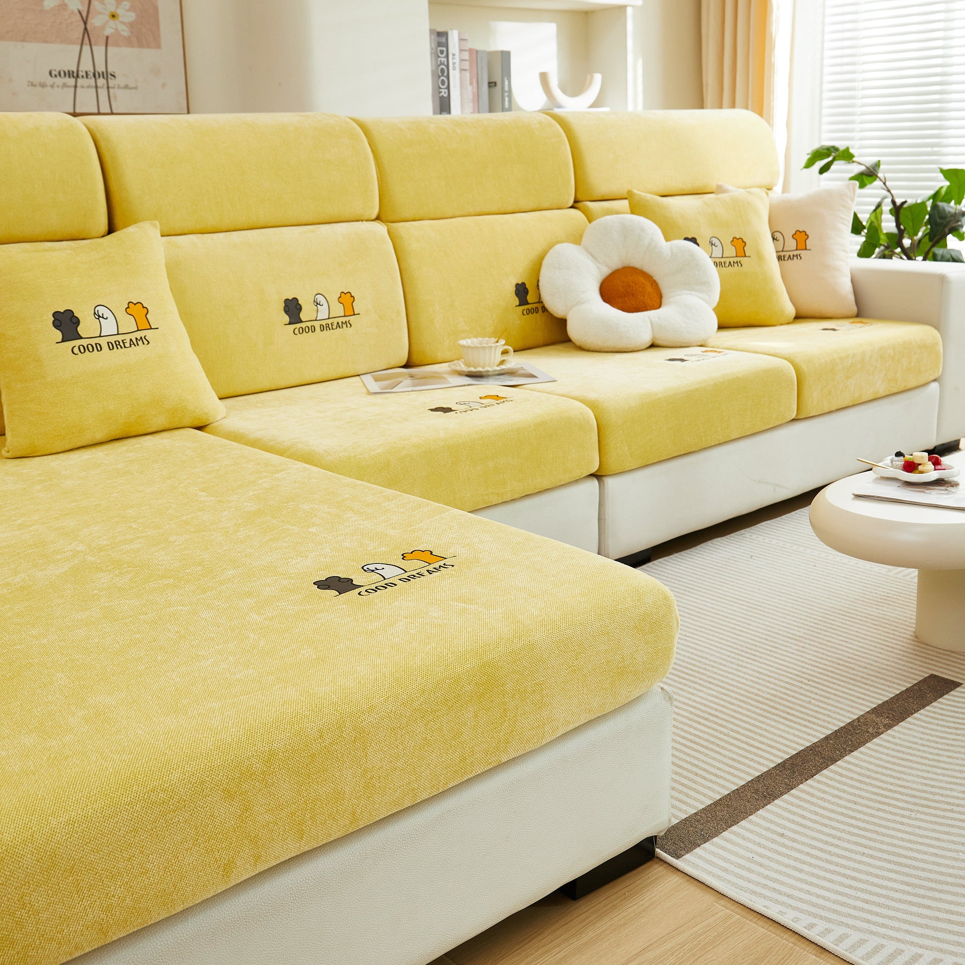Super Stretch Seat Cushion/Couch Slipcover, Solid Couch Cushion Covers Washable Furniture Protector on yellow sofa.