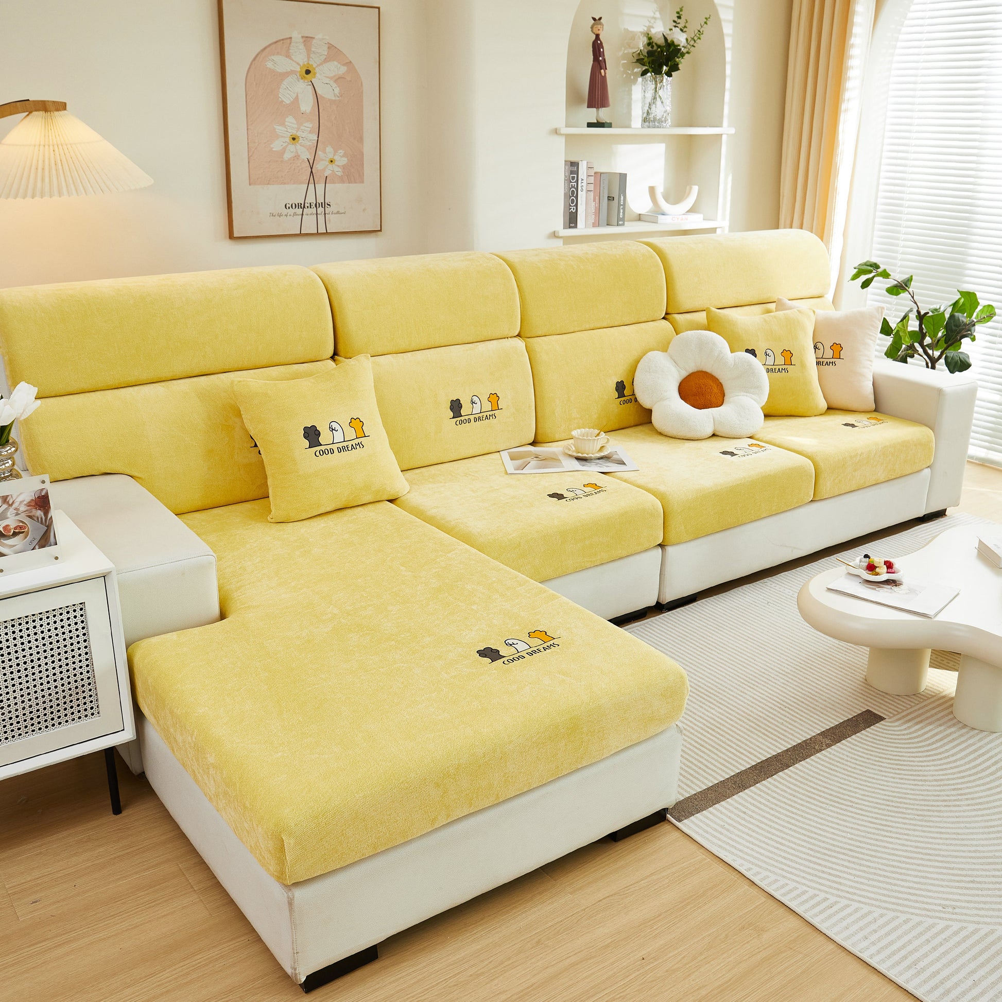 Yellow Super Stretch Seat Cushion/Couch Slipcover, Solid Couch Cushion Covers Washable Furniture Protector on beige sofa
