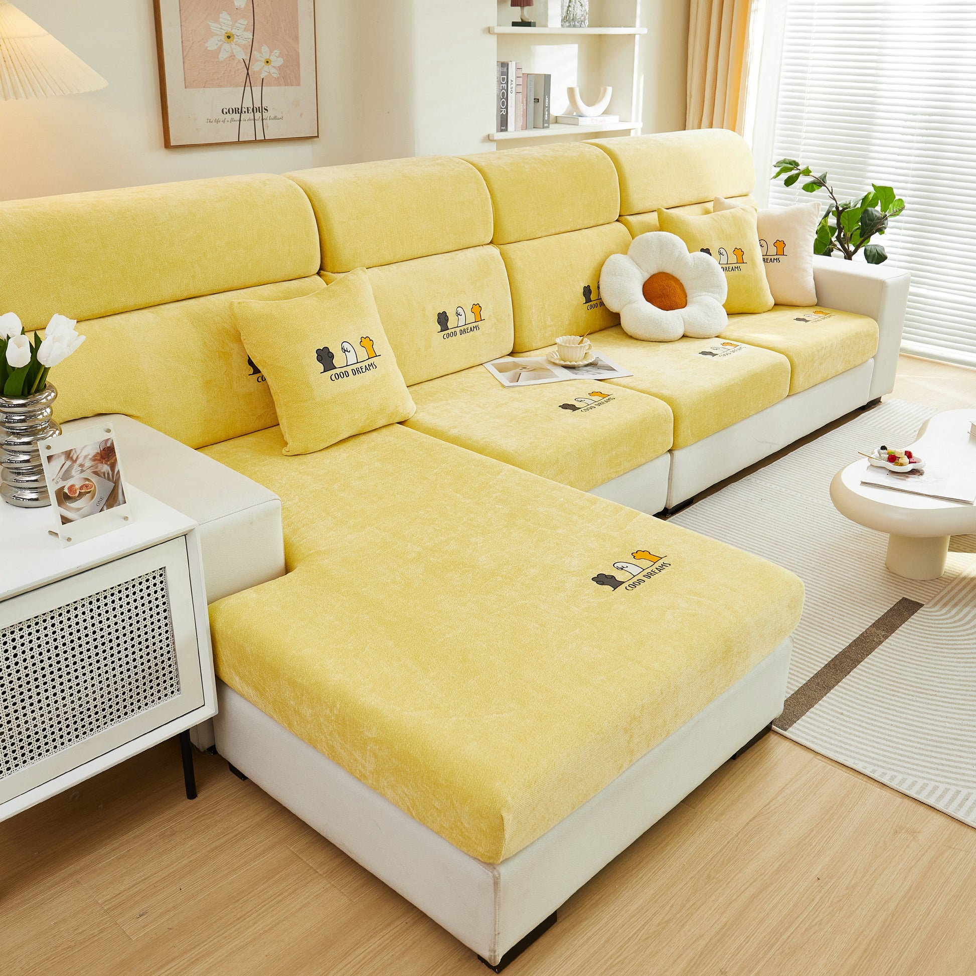 Super Stretch Seat Cushion/Couch Slipcover, Solid Couch Cushion Covers Washable Furniture Protector on yellow sofa