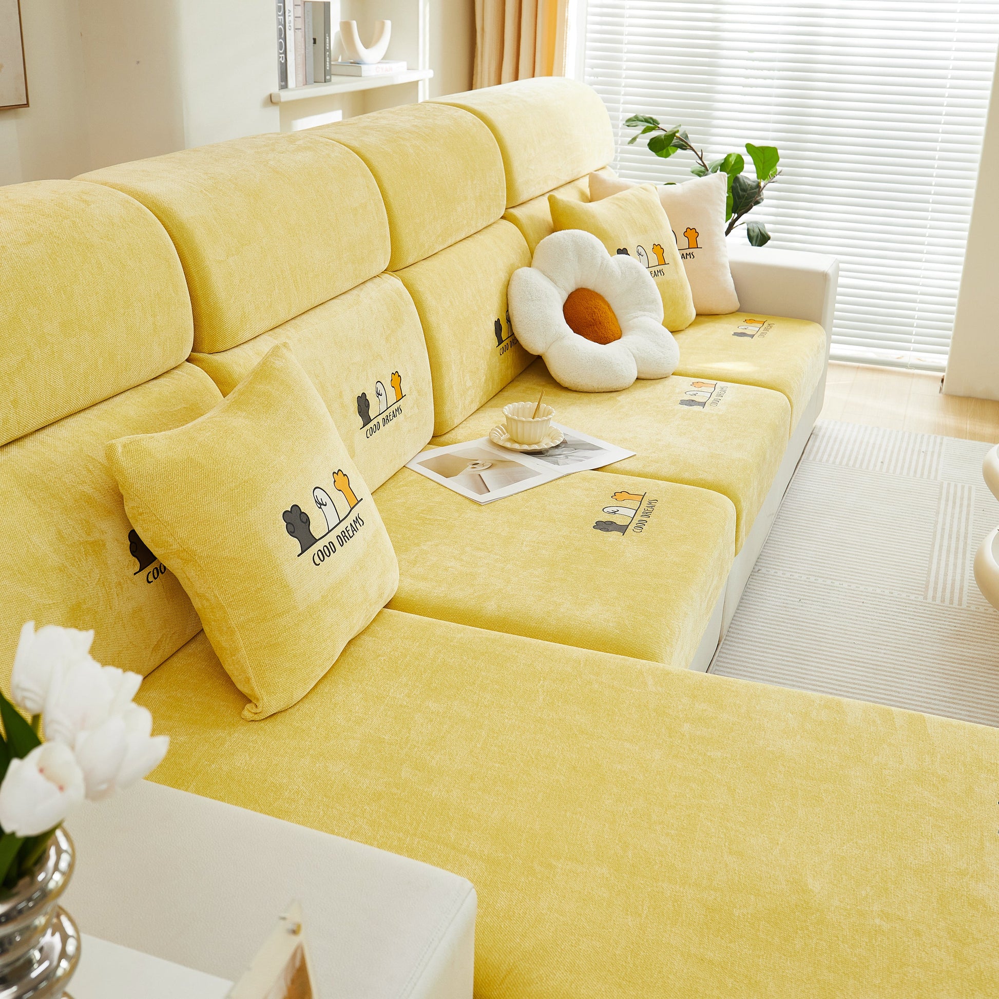 Super Stretch Seat Cushion/Couch Slipcover, Solid Couch Cushion Covers Washable Furniture Protector on yellow sofa