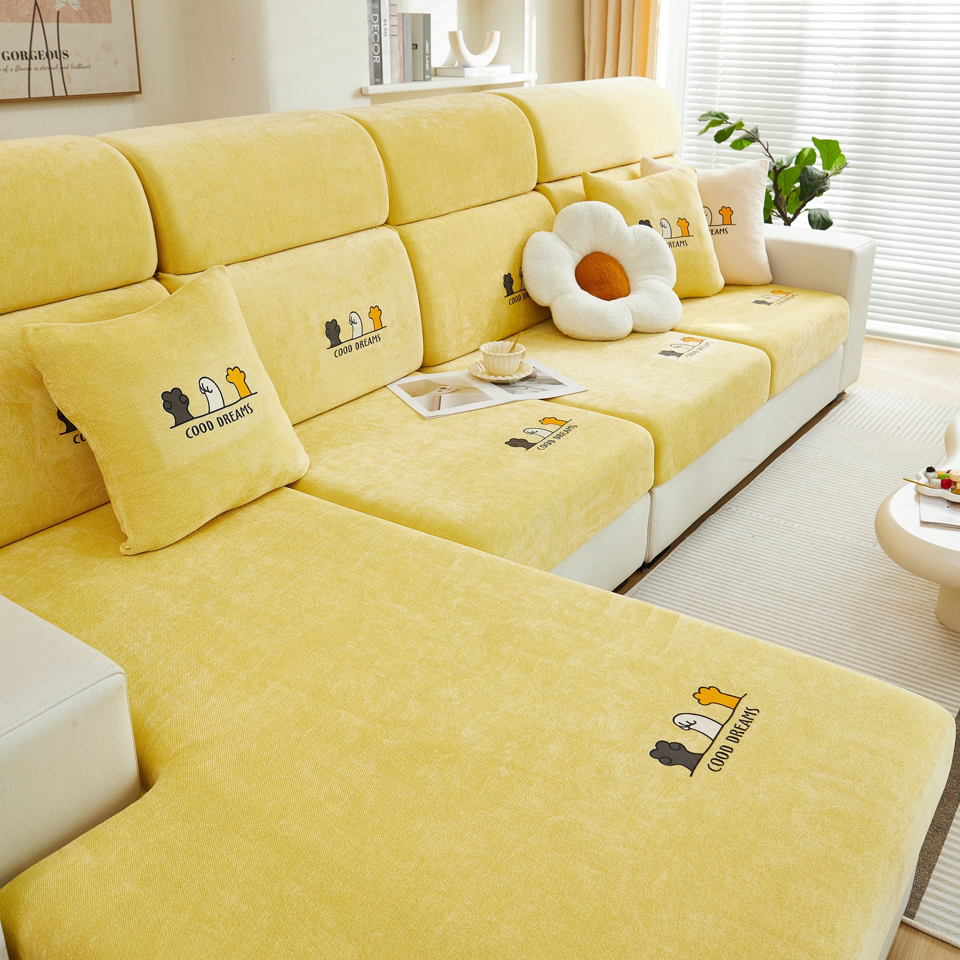 Super Stretch Seat Cushion/Couch Slipcover, Solid Couch Cushion Covers Washable Furniture Protector in yellow chenille fabric