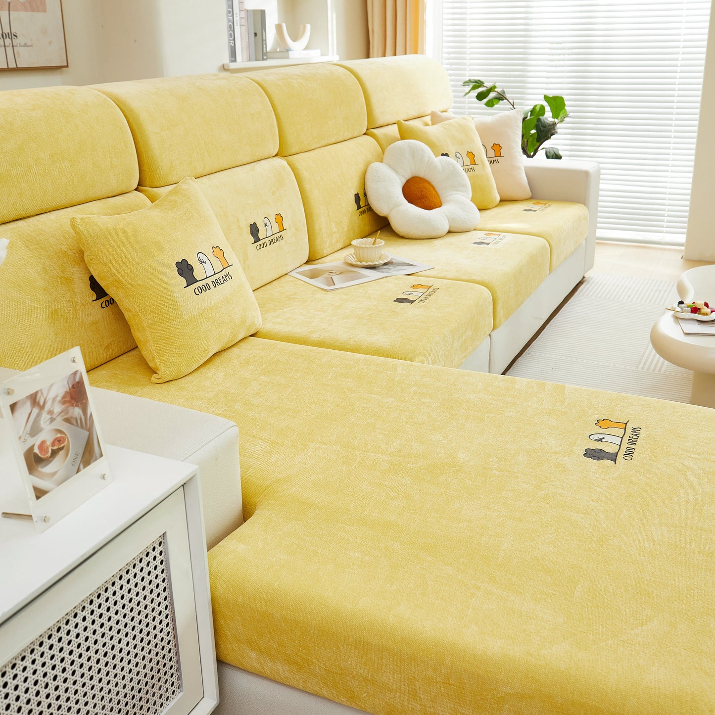 Super Stretch Seat Cushion/Couch Slipcover, Solid Couch Cushion Covers Washable Furniture Protector in yellow chenille fabric