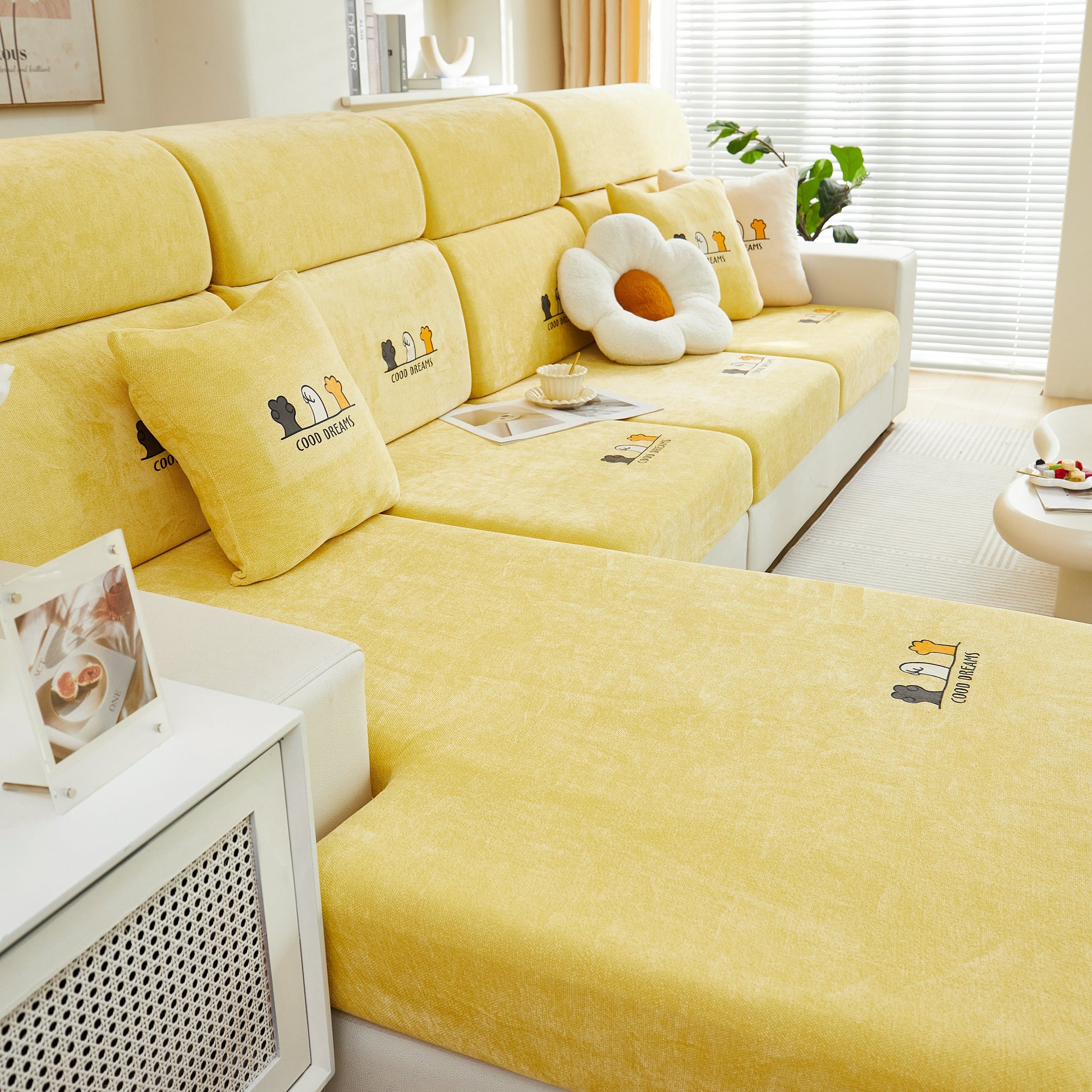 Super Stretch Seat Cushion/Couch Slipcover, Solid Couch Cushion Covers Washable Furniture Protector in yellow chenille fabric