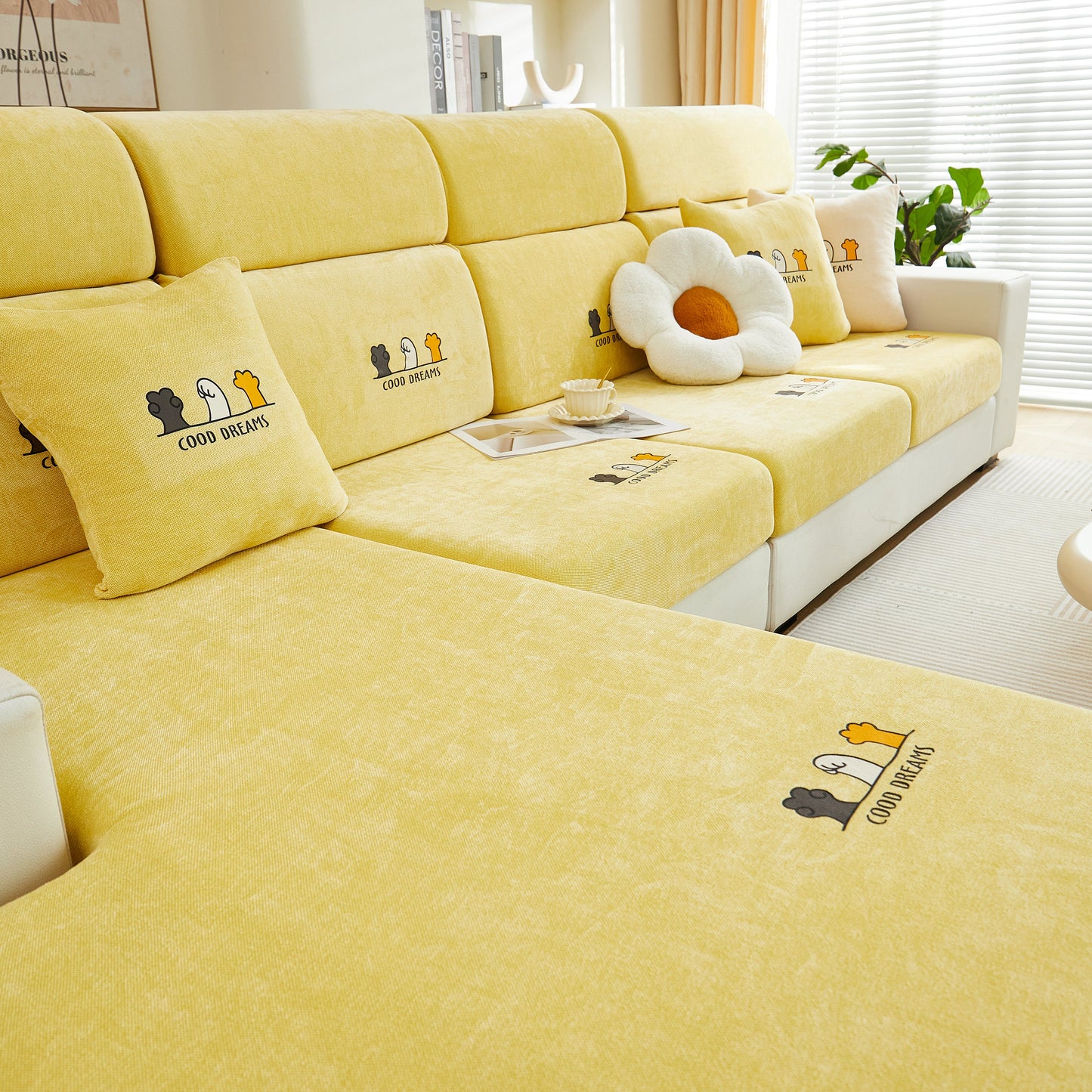 Super Stretch Seat Cushion/Couch Slipcover, Solid Couch Cushion Covers Washable Furniture Protector on yellow couch