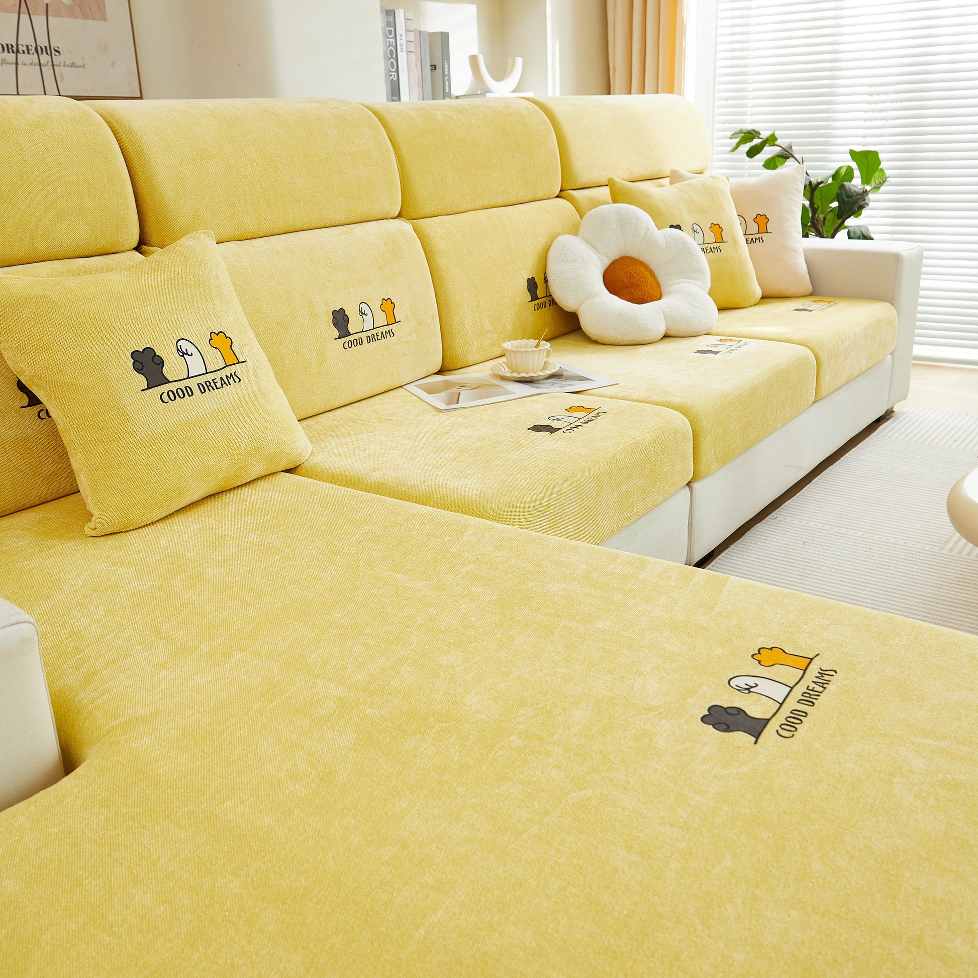 Super Stretch Seat Cushion/Couch Slipcover, Solid Couch Cushion Covers Washable Furniture Protector on yellow couch